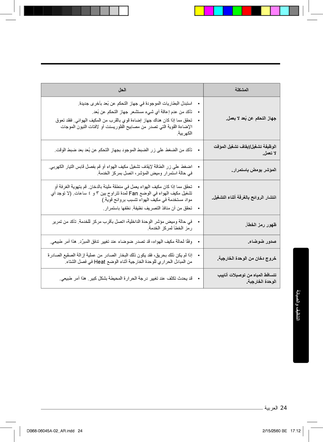 Samsung AR24MQFHRWK/MG manual لﻣﻌﯾ ﻻ دﻌﺑُنﻋ مﻛﺣﺗﻟا زﺎﮭﺟ, تﻗؤﻣﻟا لﯾﻐﺷﺗ فﺎﻘﯾإ/لﯾﻐﺷﺗ ﺔﻔﯾظوﻟا لﻣﻌﺗ ﻻ, رارﻣﺗﺳﺎﺑ ضﻣوﯾ رﺷؤﻣﻟا 