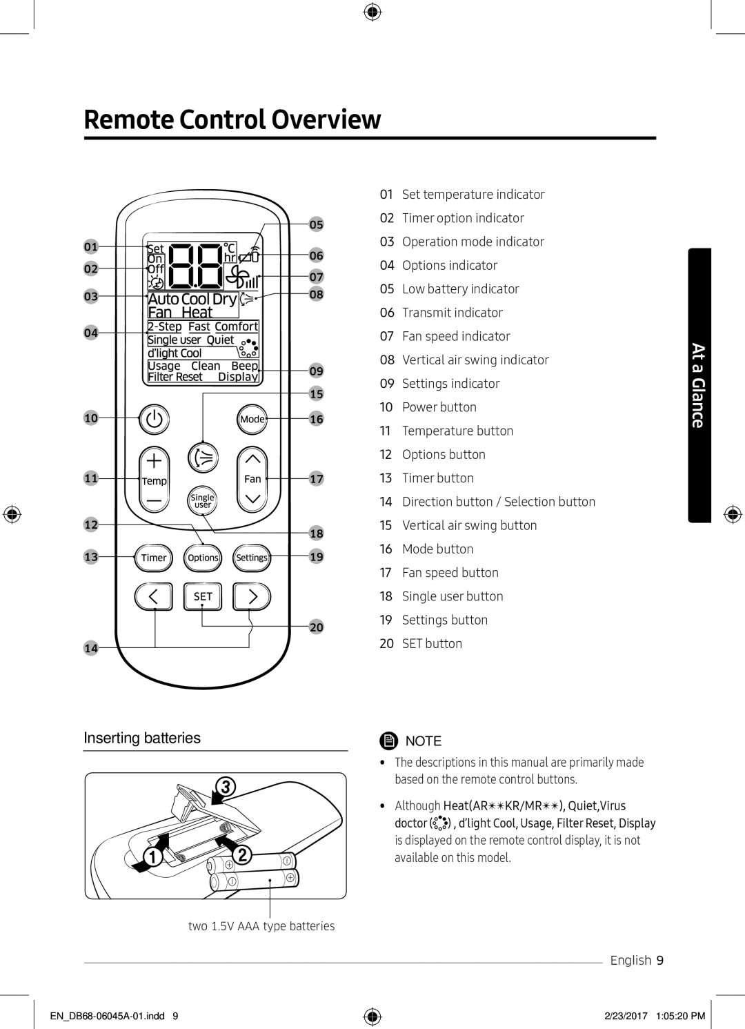 Samsung AR24KRFHRWKNMG, AR24KRFHRWK/MG, AR24MQFHRWKNMG, AR24MRFHRWKNMG manual Remote Control Overview, Inserting batteries 