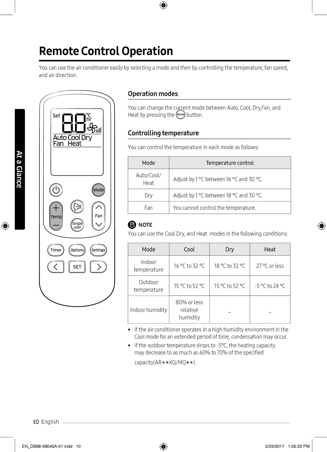 Samsung AR24MQFHRWK/MG, AR24KRFHRWK/MG, AR24MQFHRWKNMG Remote Control Operation, Operation modes, Controlling temperature 