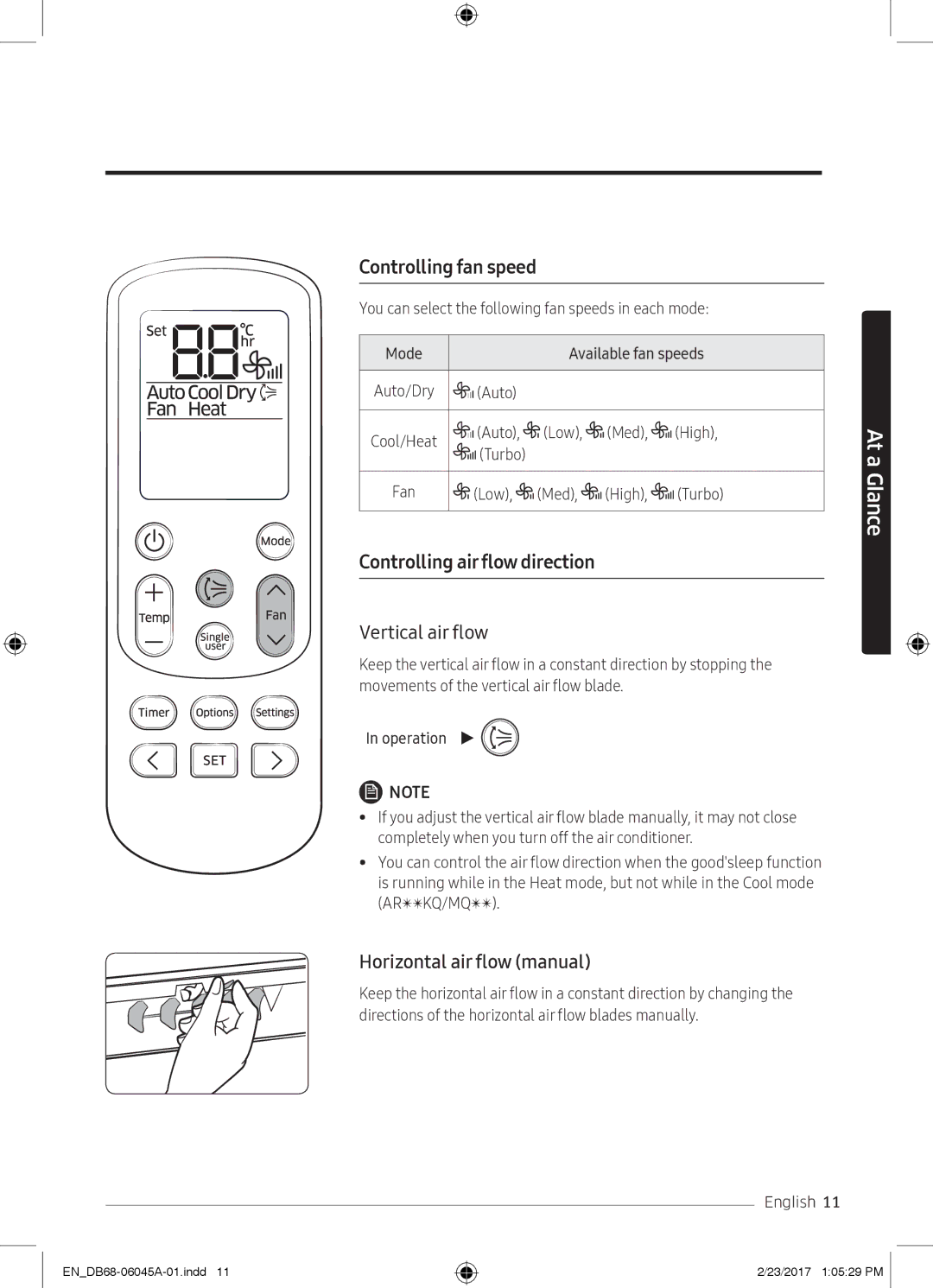 Samsung AR24MRFHRWKXMG, AR24KRFHRWK/MG Controlling fan speed, Controlling air flow direction, Horizontal air flow manual 