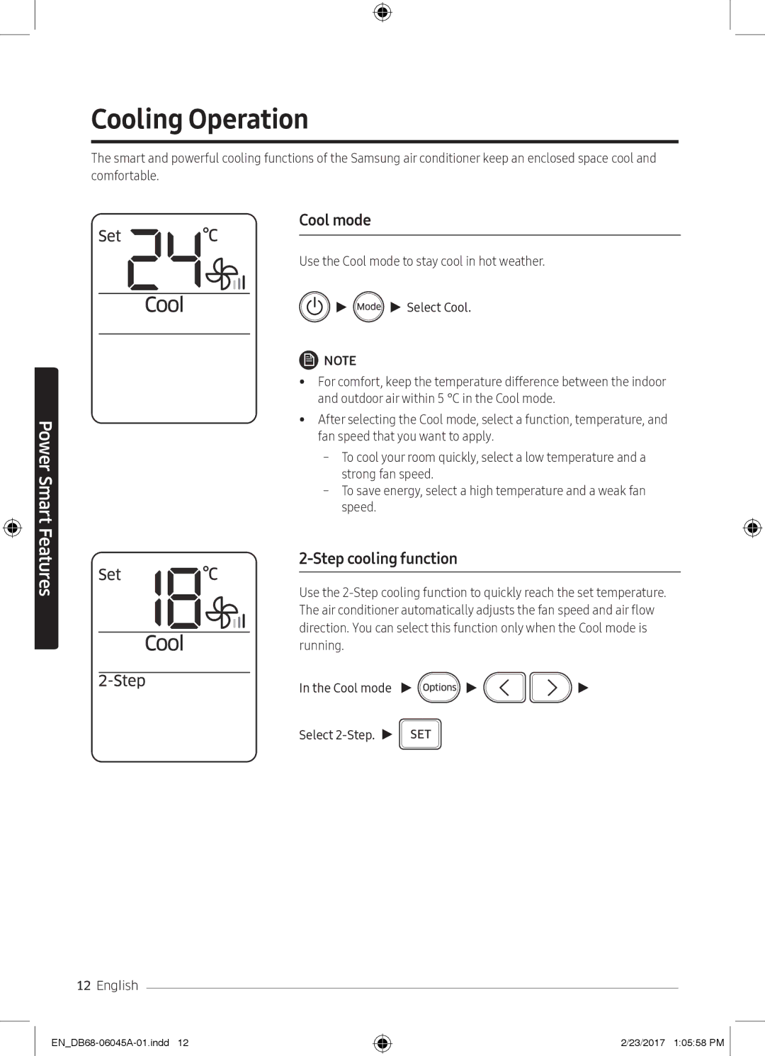 Samsung AR24KRFHRWK/MG, AR24MQFHRWKNMG, AR24MRFHRWKNMG, AR18MQFHCWKXMG Cooling Operation, Cool mode, Step cooling function 