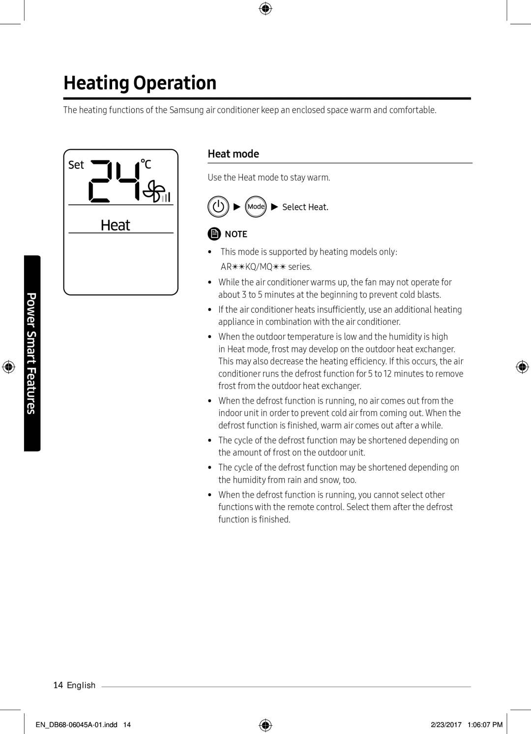 Samsung AR24MRFHRWKNMG, AR24KRFHRWK/MG, AR24MQFHRWKNMG, AR18MQFHCWKXMG, AR24KRFHRWKXMG manual Heating Operation, Heat mode 