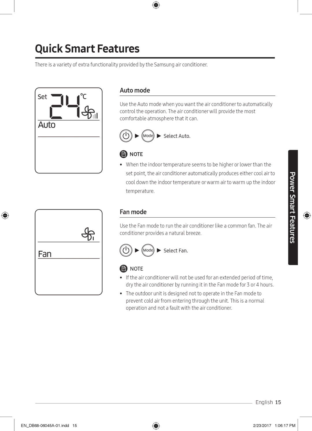 Samsung AR18MQFHCWKXMG, AR24KRFHRWK/MG, AR24MQFHRWKNMG, AR24MRFHRWKNMG manual Quick Smart Features, Auto mode, Fan mode 