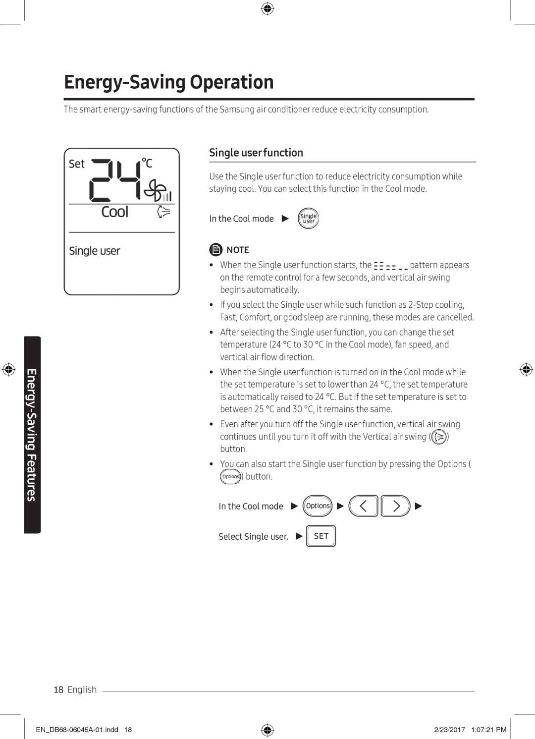 Samsung AR24MQFHRWKXMG, AR24KRFHRWK/MG manual Energy-Saving Operation, Cool mode When the Single user function starts 