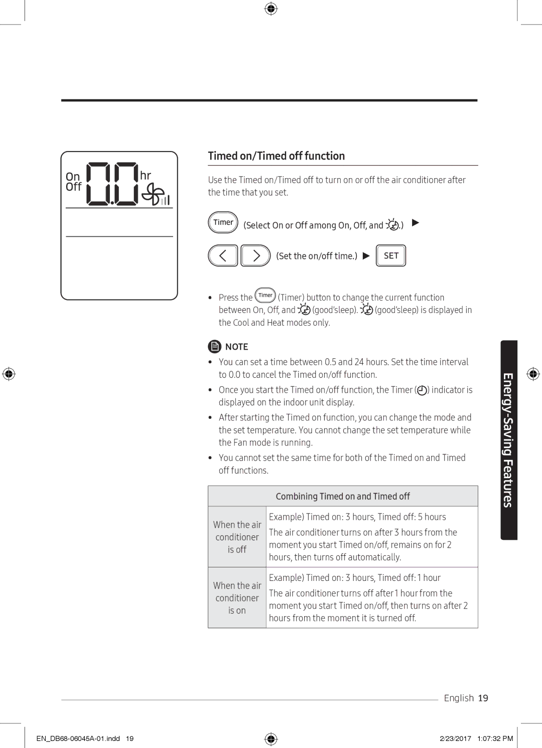 Samsung AR24MRFHRWK/MG, AR24KRFHRWK/MG, AR24MQFHRWKNMG, AR24MRFHRWKNMG, AR18MQFHCWKXMG manual Timed on/Timed off function 