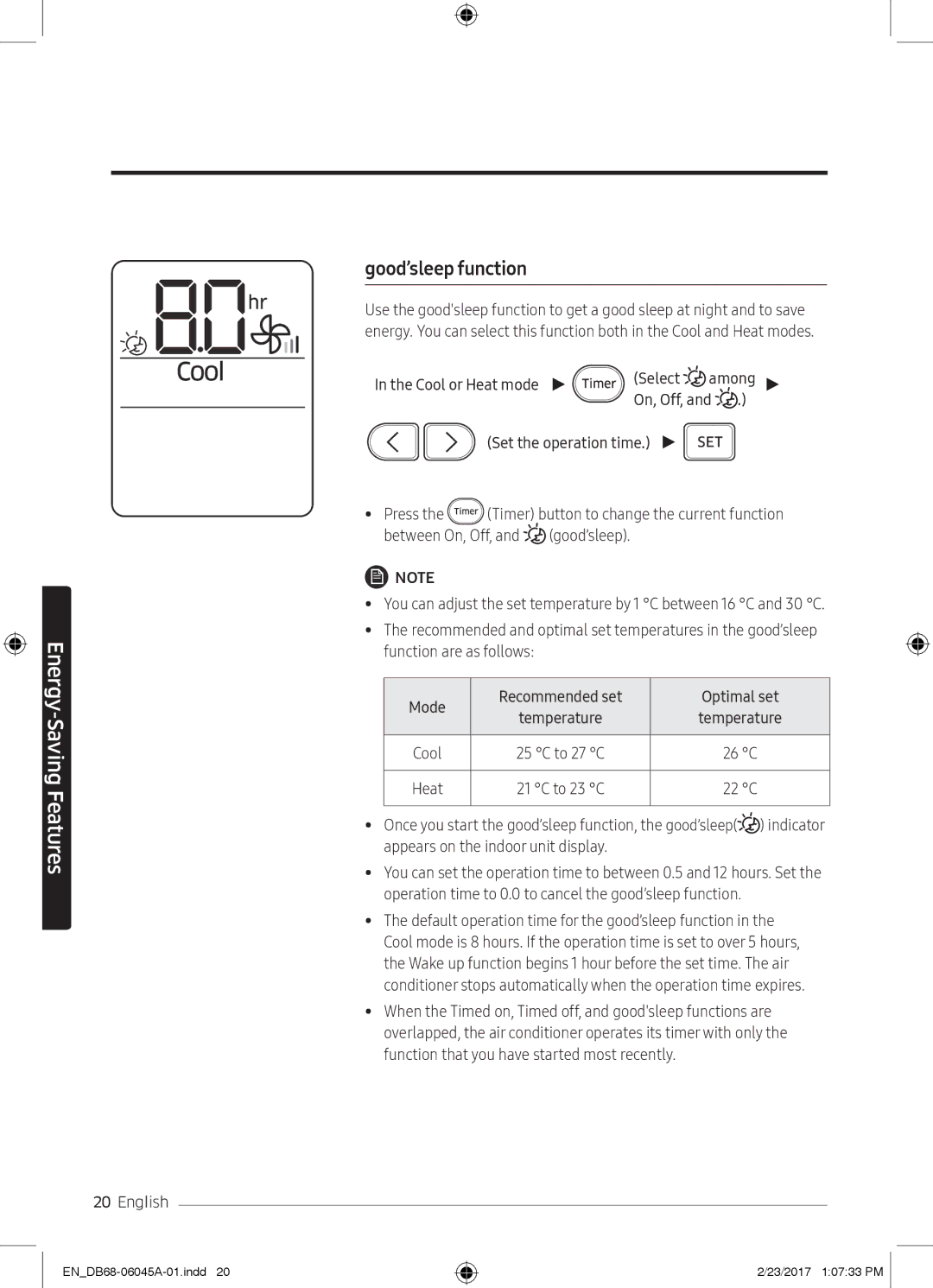 Samsung AR18MQFHCWKNMG, AR24KRFHRWK/MG manual Good’sleep function, Default operation time for the good’sleep function 