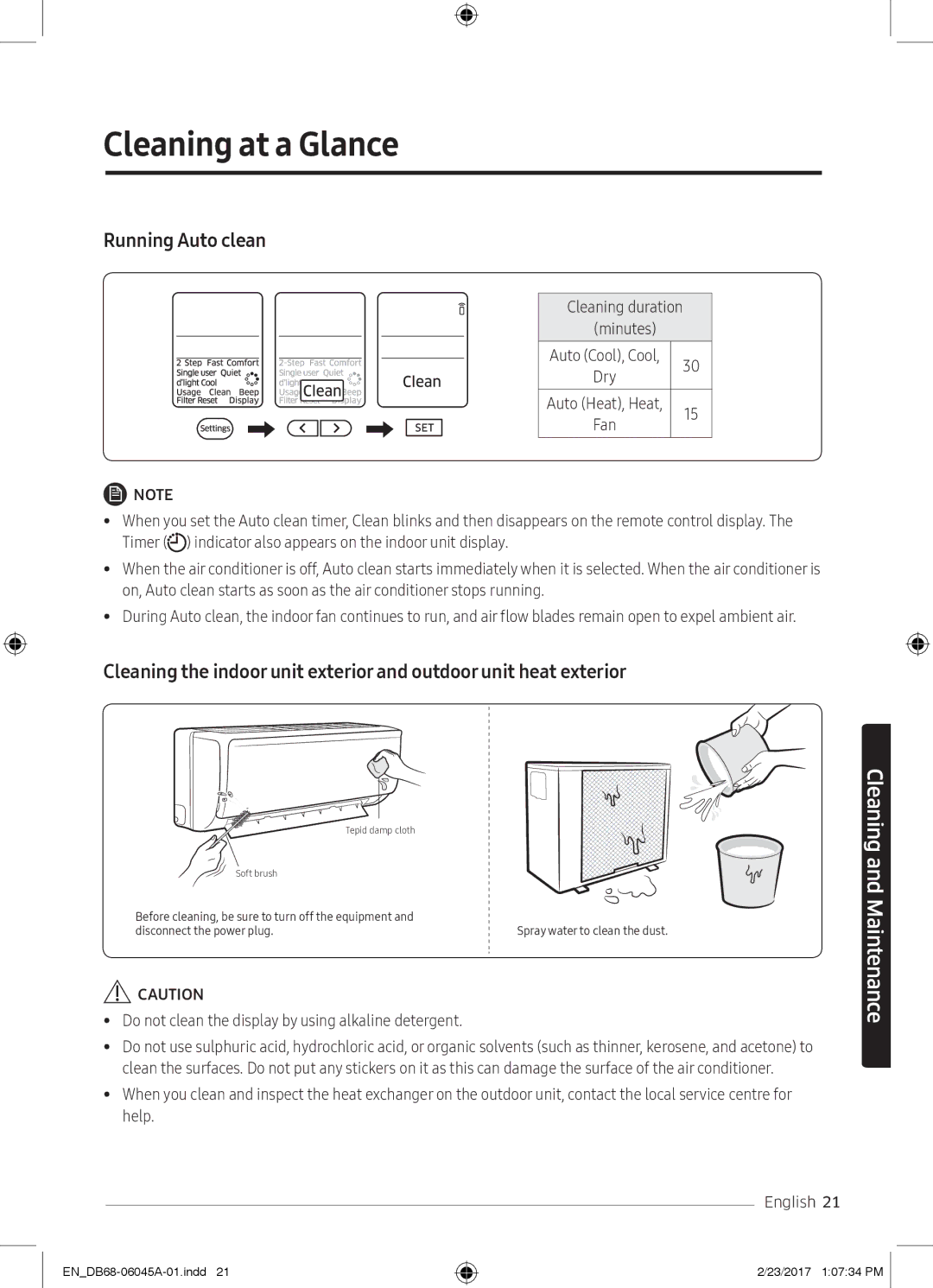 Samsung AR24KQFHRWKNMG, AR24KRFHRWK/MG, AR24MQFHRWKNMG Cleaning at a Glance, Running Auto clean, Cleaning duration Minutes 