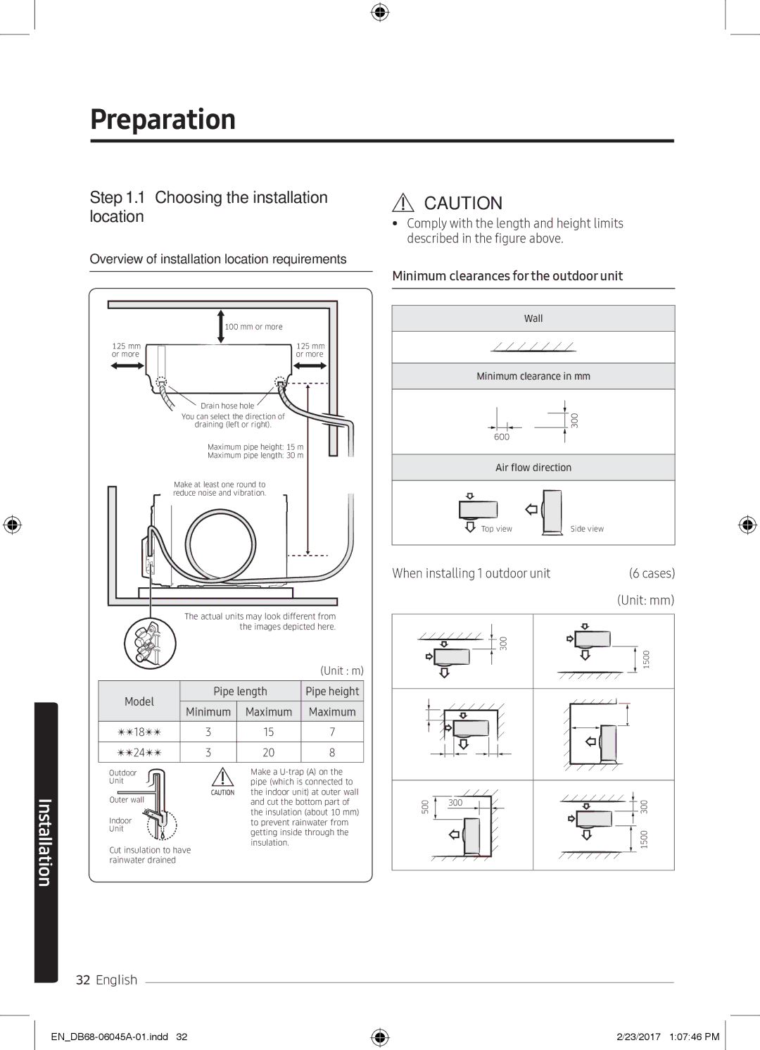 Samsung AR24MRFHRWK/MG, AR24KRFHRWK/MG Choosing the installation location, Minimum clearances for the outdoor unit, Cases 