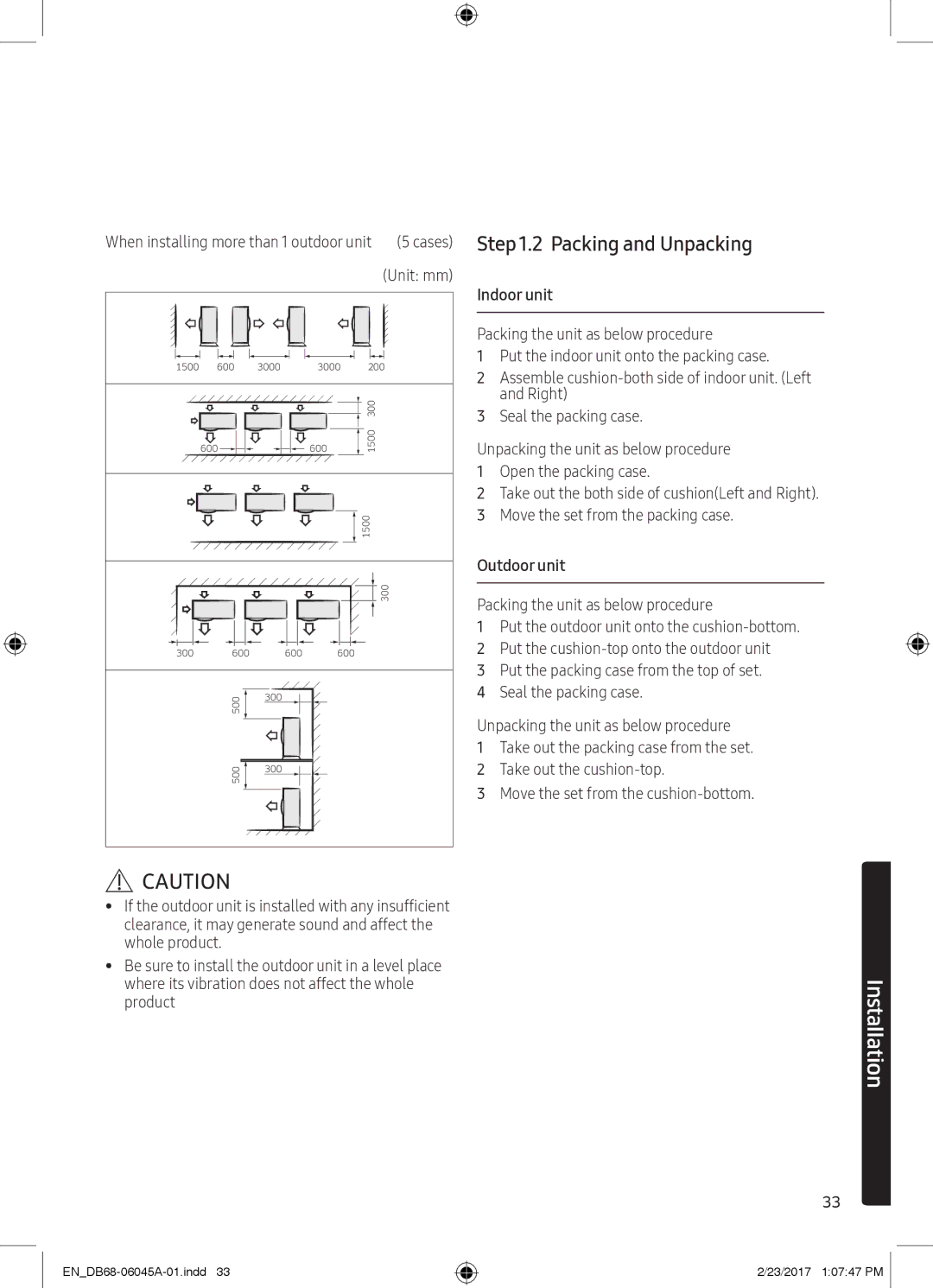 Samsung AR18MQFHCWKNMG, AR24KRFHRWK/MG, AR24MQFHRWKNMG manual Packing and Unpacking, Unit mm, Indoor unit, Outdoor unit 