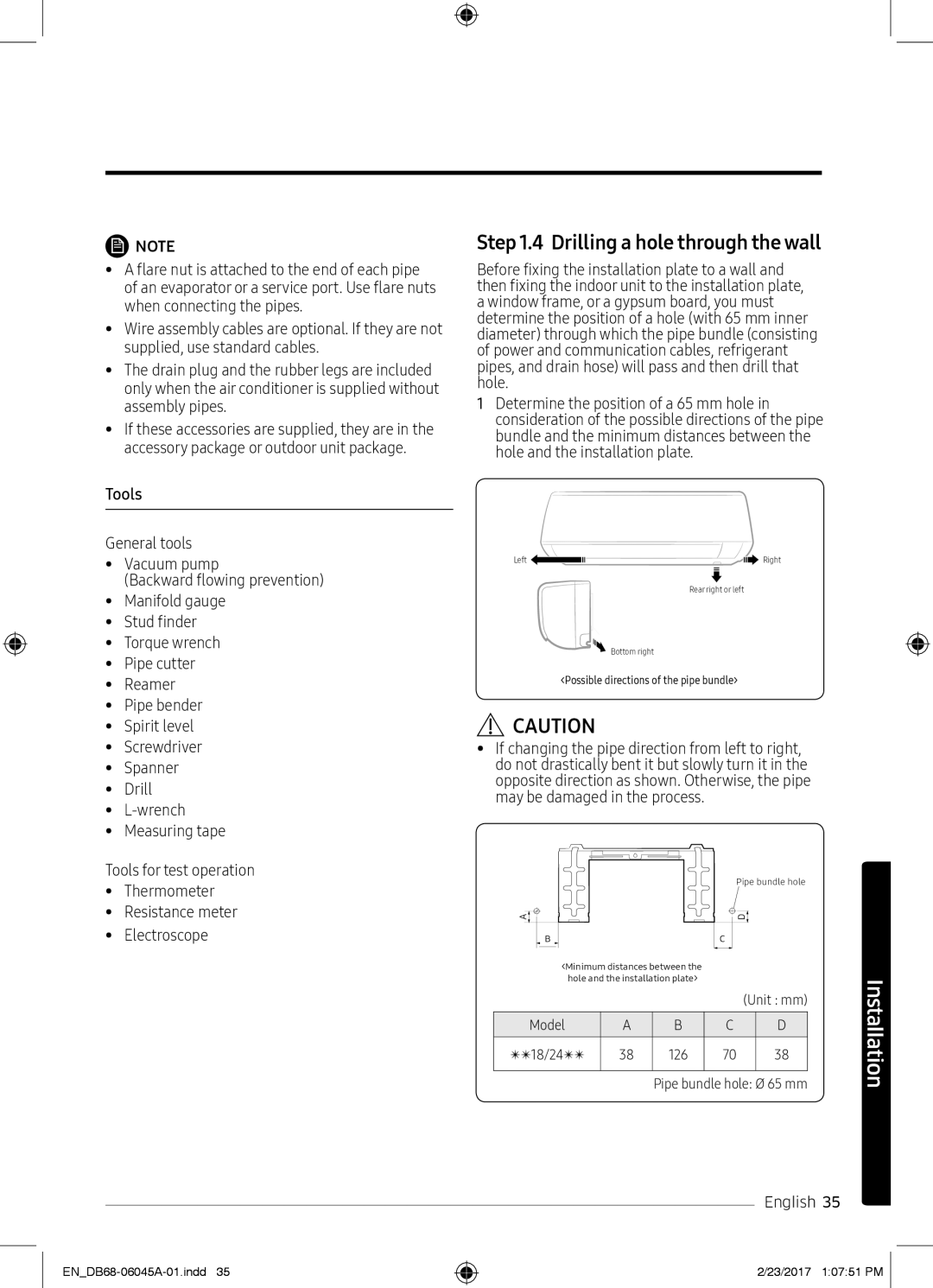 Samsung AR24KRFHRWKNMG, AR24KRFHRWK/MG, AR24MQFHRWKNMG, AR24MRFHRWKNMG manual Drilling a hole through the wall, Tools 