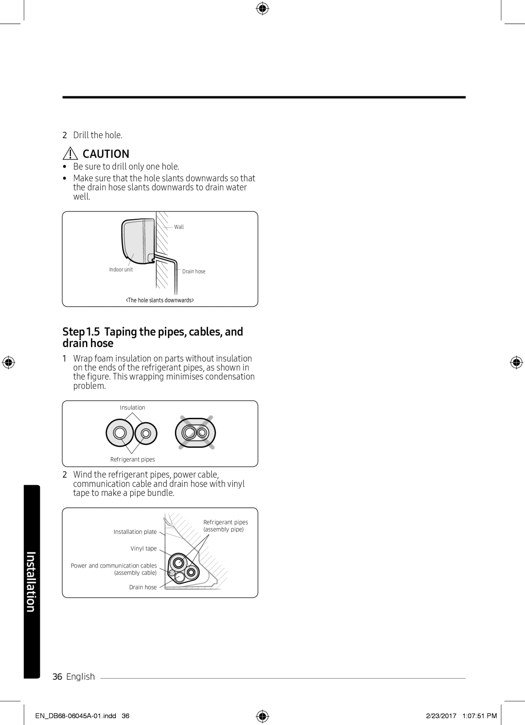 Samsung AR24MQFHRWK/MG, AR24KRFHRWK/MG, AR24MQFHRWKNMG, AR24MRFHRWKNMG manual Taping the pipes, cables, and drain hose 