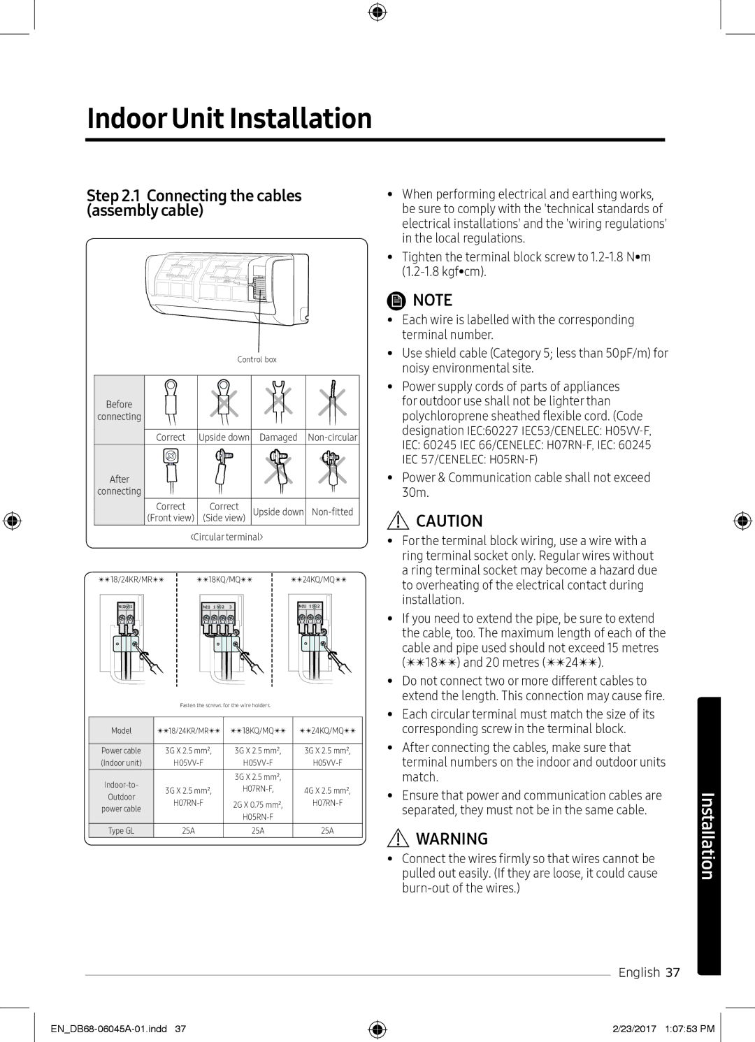 Samsung AR24MRFHRWKXMG, AR24KRFHRWK/MG, AR24MQFHRWKNMG manual Connecting the cables, Assembly cable, Local regulations 