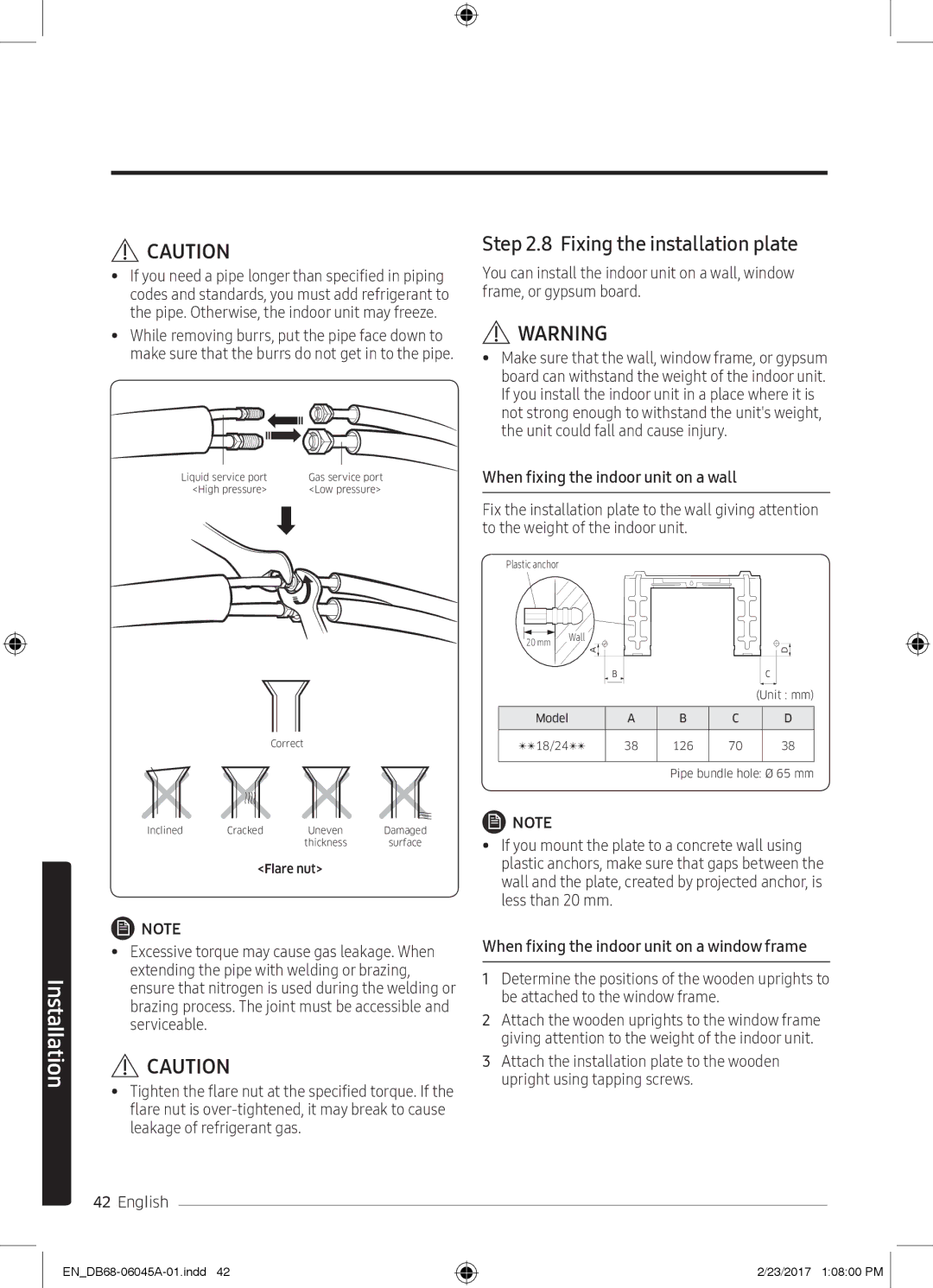 Samsung AR24KRFHRWKXMG, AR24KRFHRWK/MG, AR24MQFHRWKNMG Fixing the installation plate, When fixing the indoor unit on a wall 