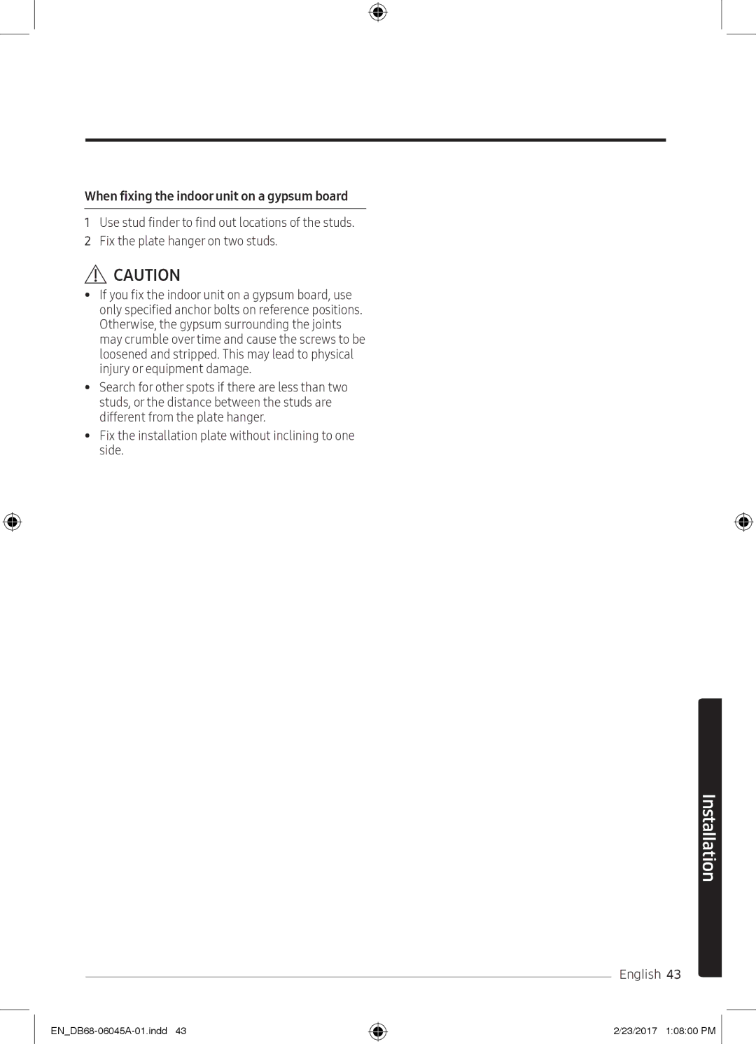 Samsung AR18MRFHCWKNMG, AR24KRFHRWK/MG, AR24MQFHRWKNMG, AR24MRFHRWKNMG manual When fixing the indoor unit on a gypsum board 