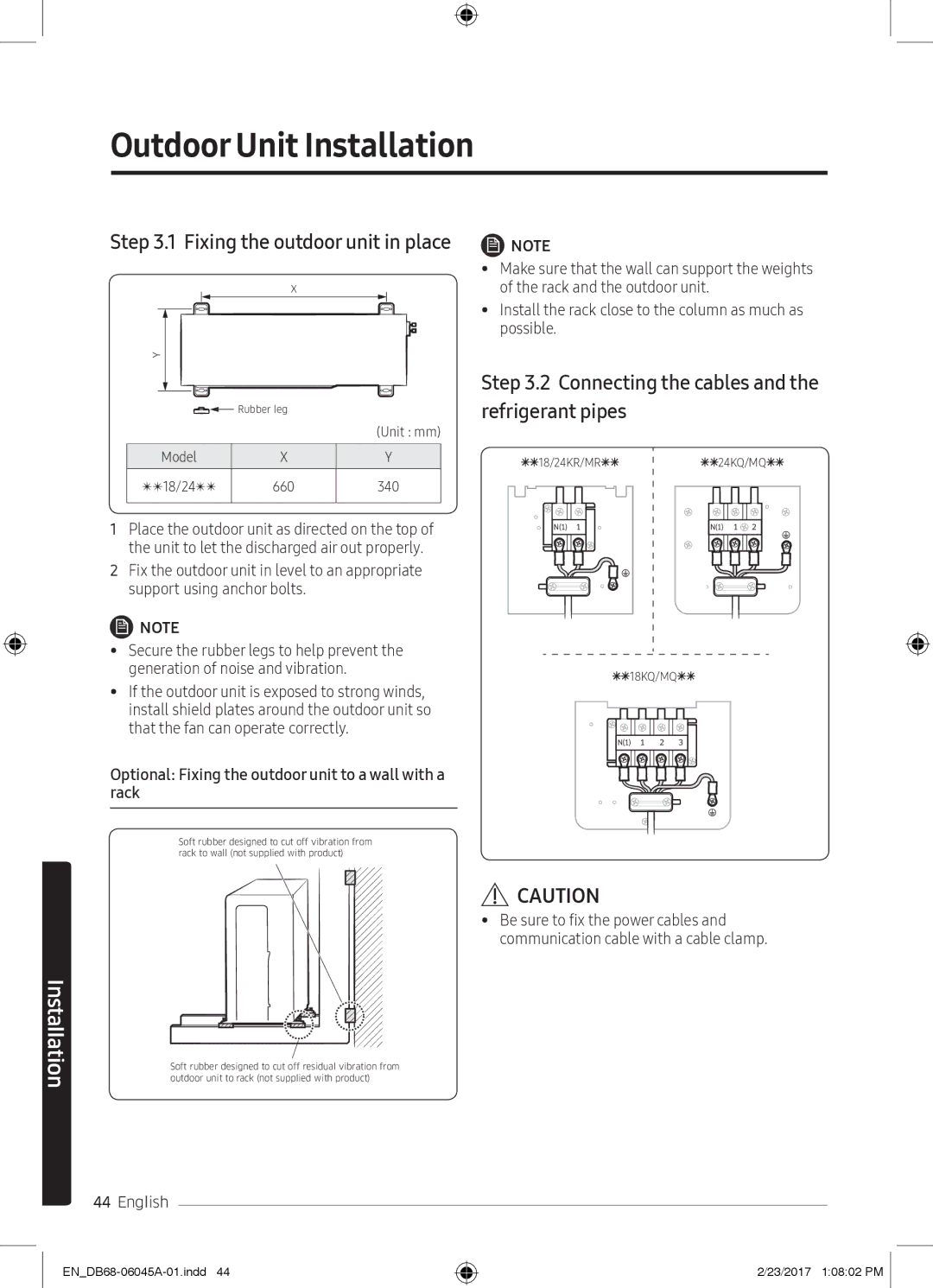 Samsung AR24MQFHRWKXMG, AR24KRFHRWK/MG manual Outdoor Unit Installation, Connecting the cables and the refrigerant pipes 