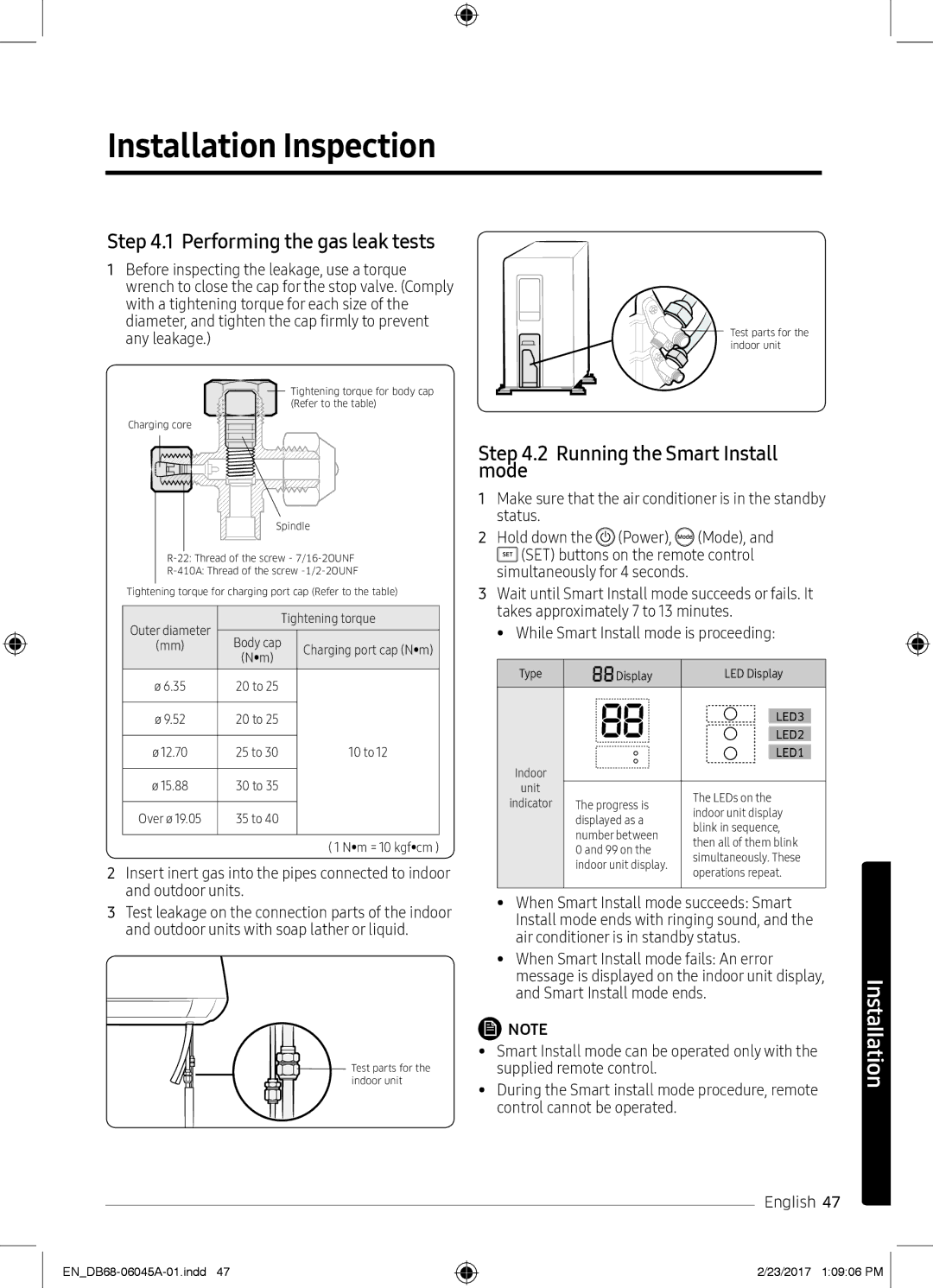 Samsung AR24KQFHRWKNMG manual Installation Inspection, Performing the gas leak tests, Running the Smart Install mode 