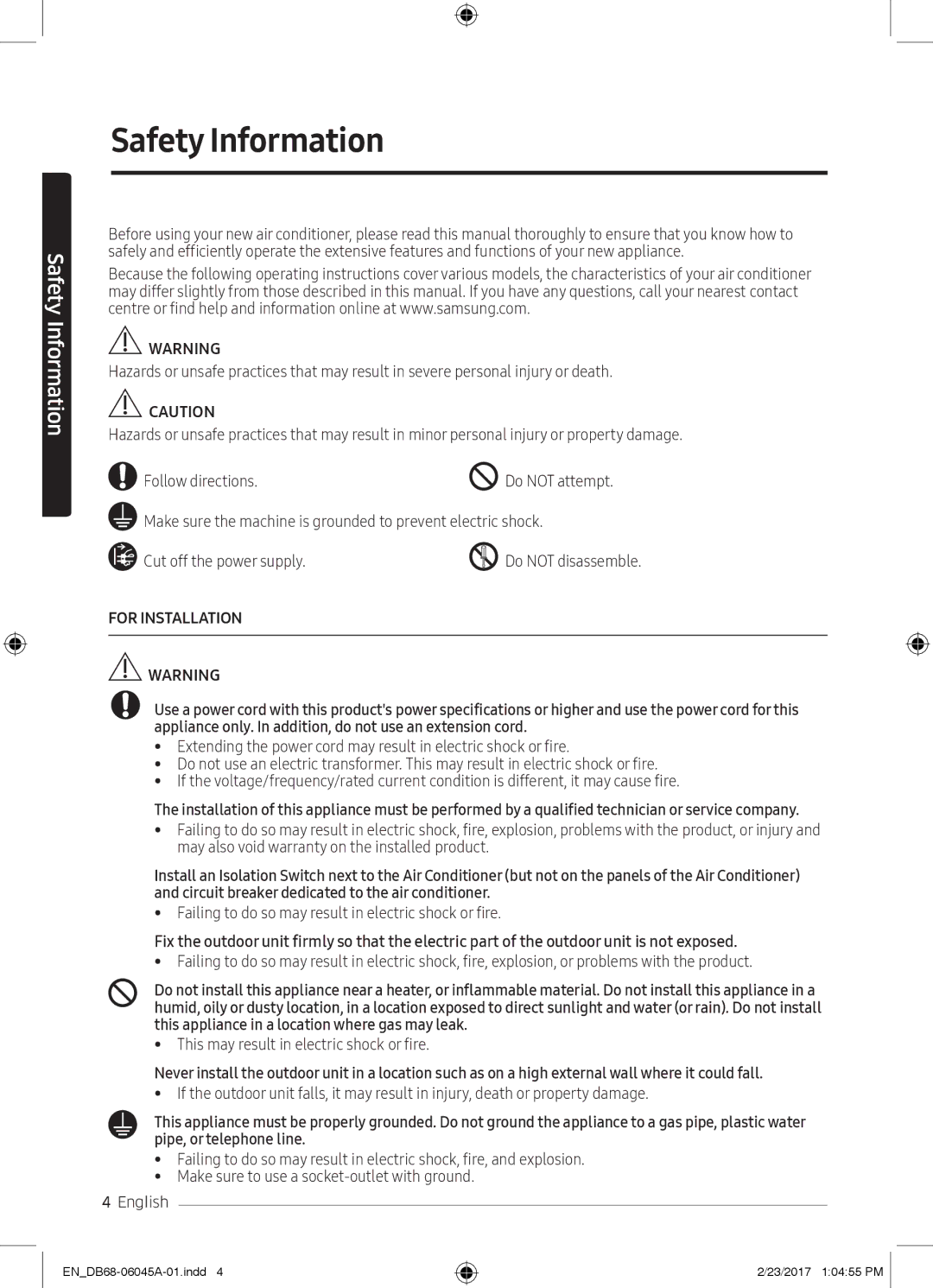 Samsung AR18MRFHCWKNMG, AR24KRFHRWK/MG manual Safety Information, Failing to do so may result in electric shock or fire 