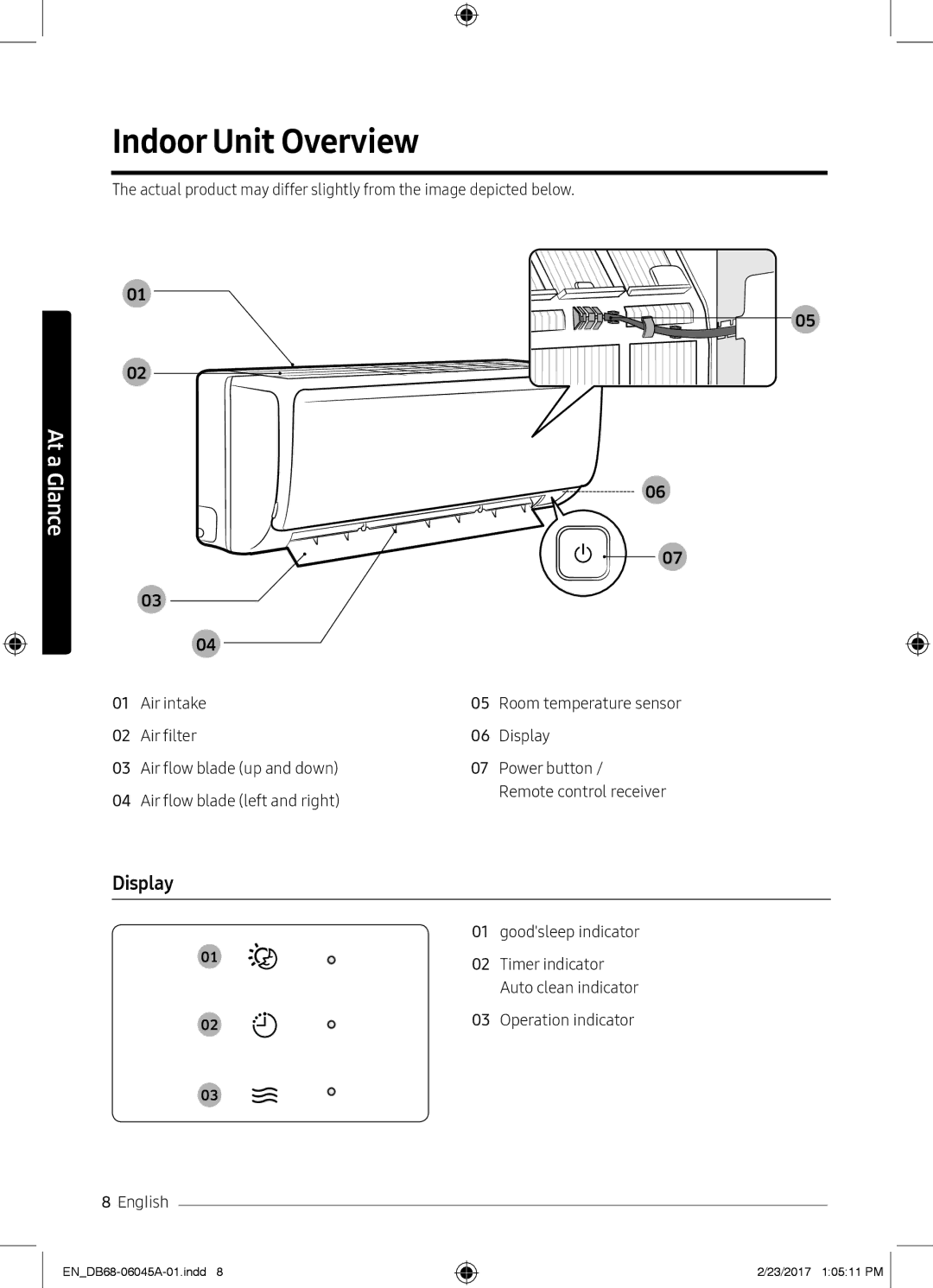 Samsung AR24KQFHRWKNMG, AR24KRFHRWK/MG, AR24MQFHRWKNMG Indoor Unit Overview, Display, Timer indicator, Operation indicator 