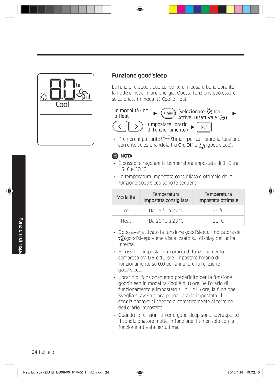 Samsung AR18KSFHBWKNEU, AR24KSFHBWKNEU manual Funzione good’sleep 