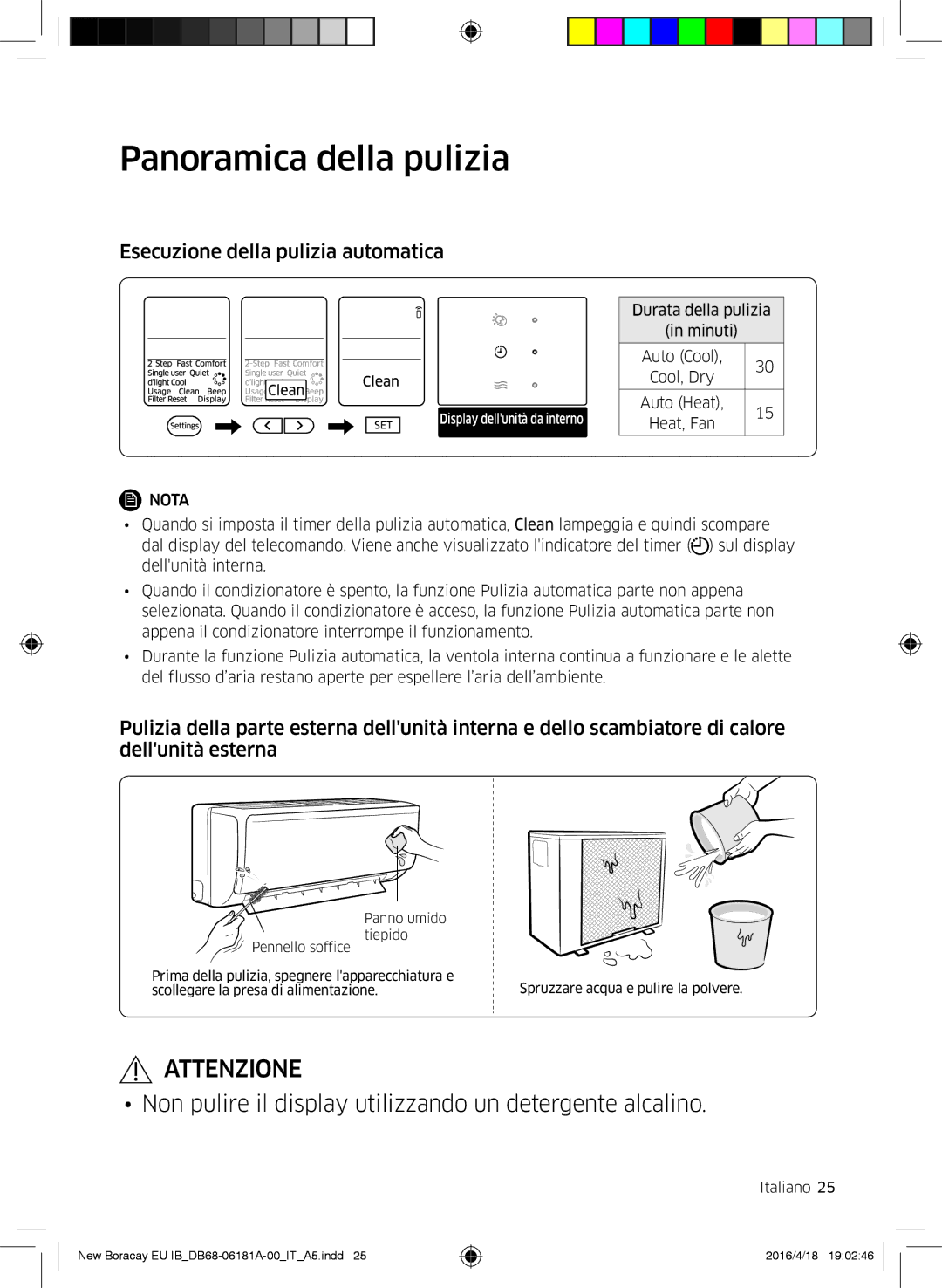 Samsung AR24KSFHBWKNEU, AR18KSFHBWKNEU manual Panoramica della pulizia, Esecuzione della pulizia automatica 