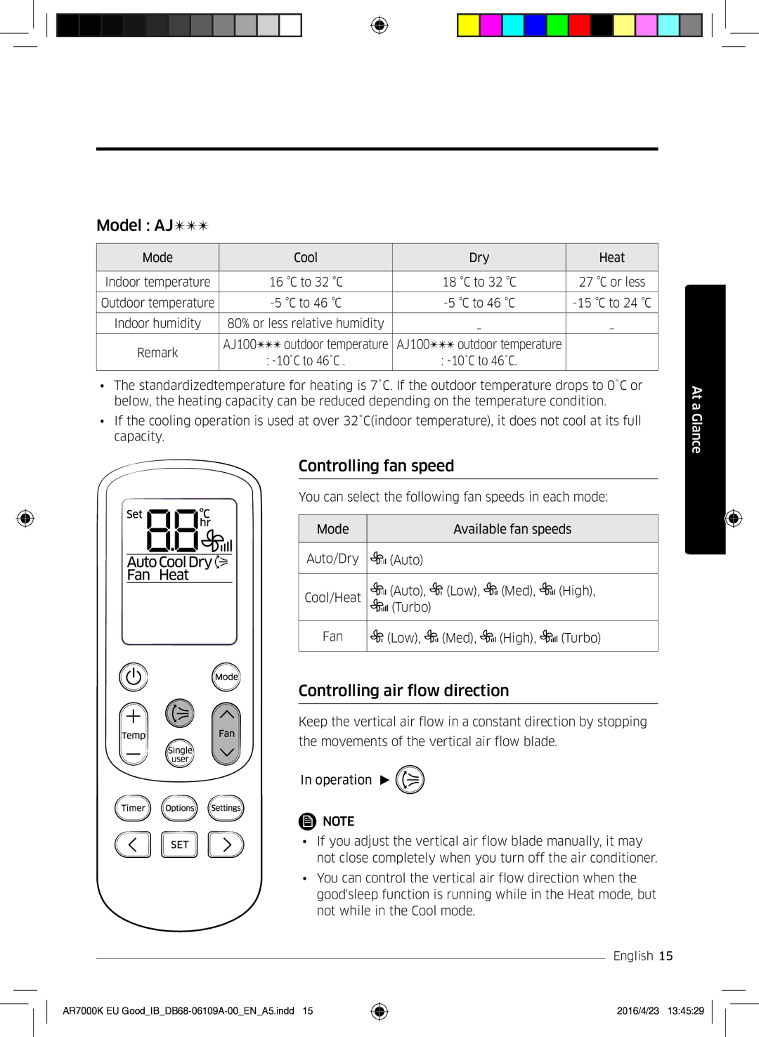 Samsung AR24KSWNAWKNEU, AR18KSWNAWKNEU, AR18KSWSAWKNEU Model AJ, Controlling fan speed, Controlling air flow direction 