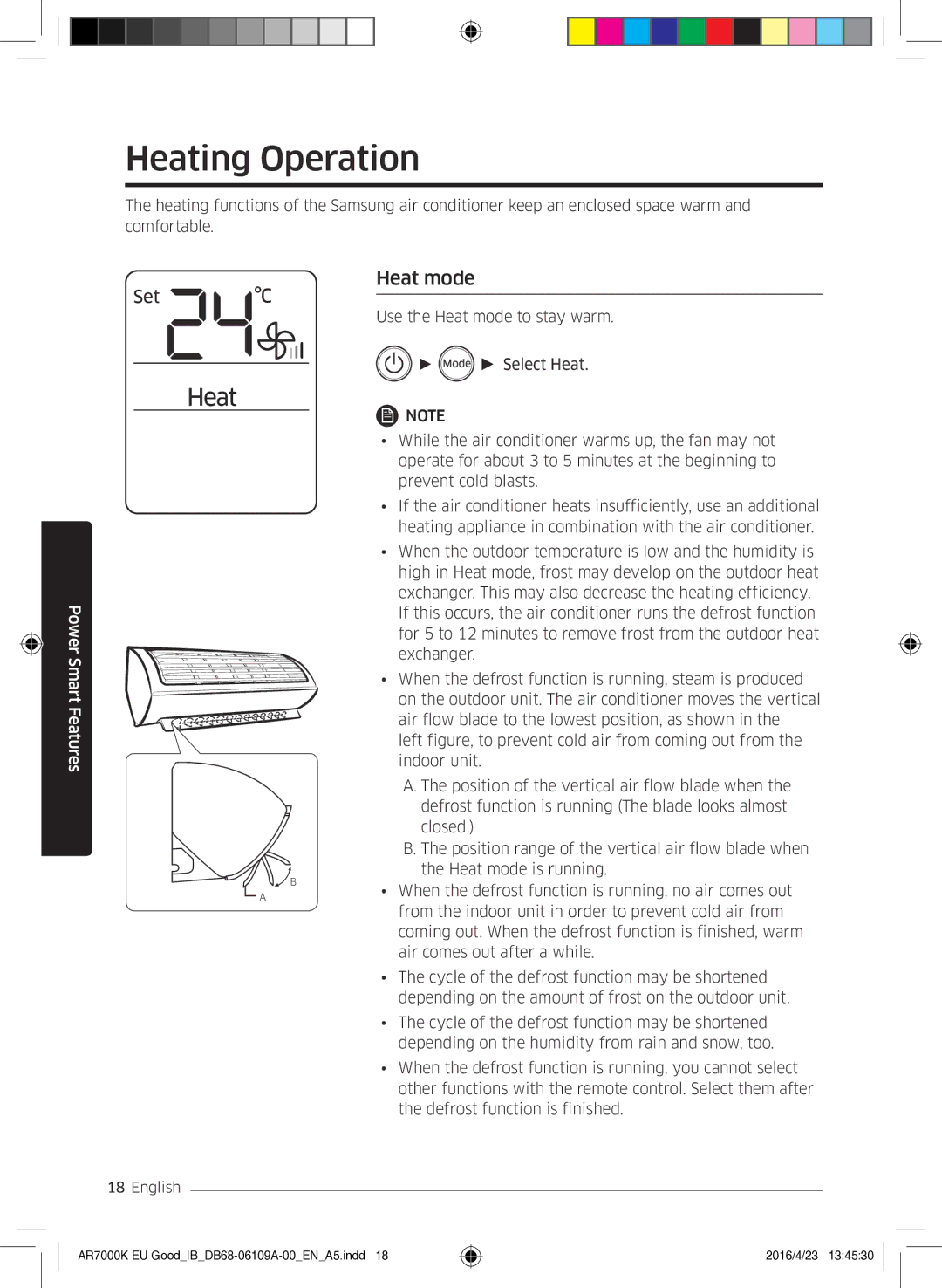 Samsung AR24KSWSAWKNEU, AR24KSWNAWKNEU, AR18KSWNAWKNEU, AR18KSWSAWKNEU manual Heating Operation, Heat mode 