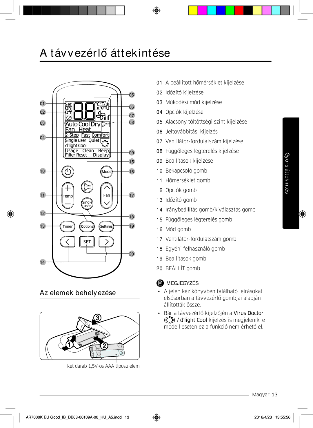 Samsung AR18KSWSAWKNEU, AR24KSWNAWKNEU, AR18KSWNAWKNEU, AR24KSWSAWKNEU manual Távvezérlő áttekintése, Az elemek behelyezése 