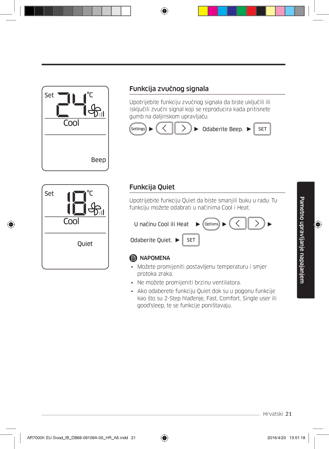 Samsung AR18KSWSAWKNEU, AR24KSWNAWKNEU, AR18KSWNAWKNEU, AR24KSWSAWKNEU manual Funkcija zvučnog signala, Funkcija Quiet 