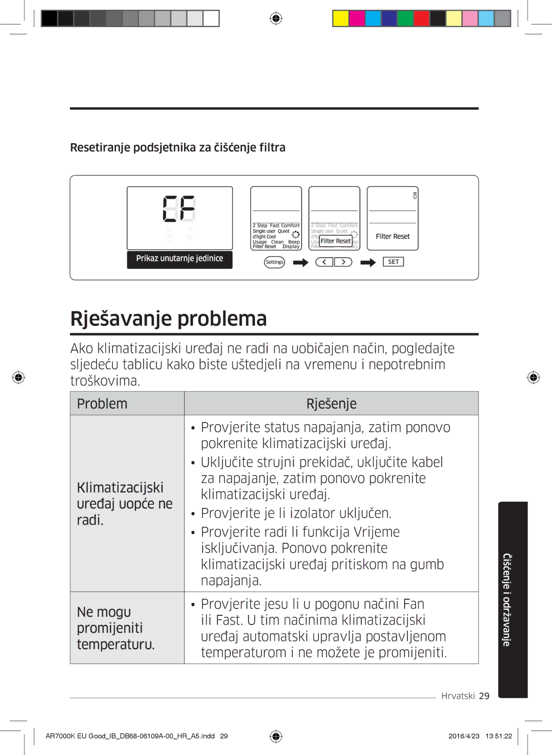 Samsung AR18KSWSAWKNEU, AR24KSWNAWKNEU, AR18KSWNAWKNEU manual Rješavanje problema, Resetiranje podsjetnika za čišćenje filtra 