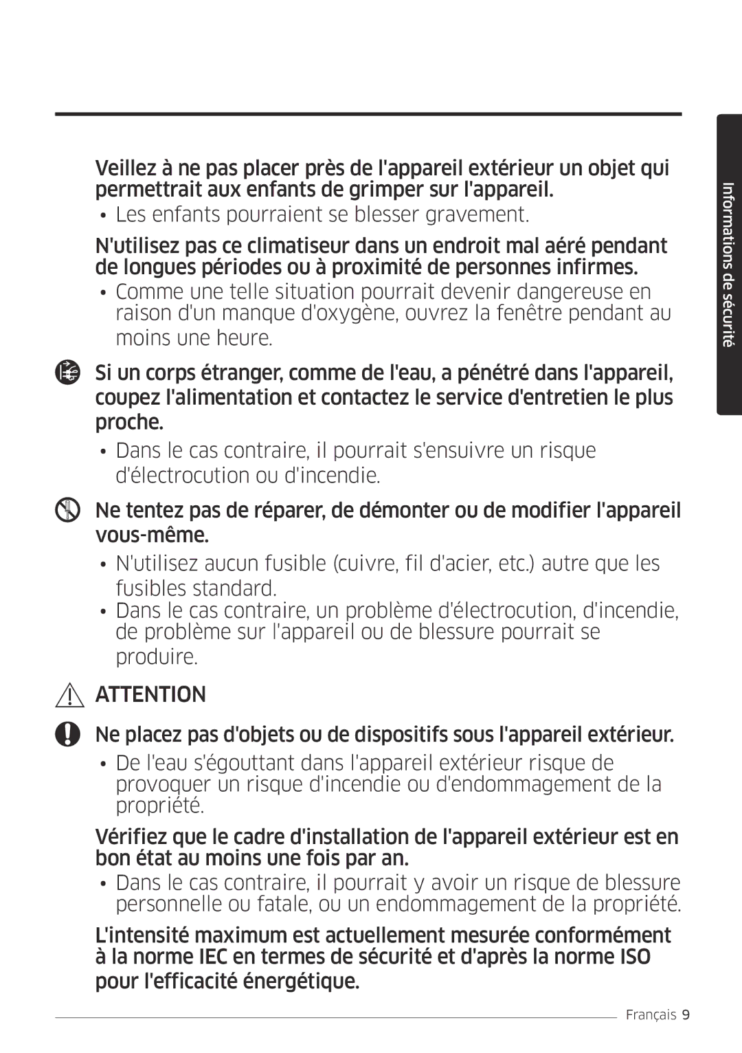 Samsung AR24MSPDBWKNEU, AR18MSPDBWKNEU manual Informations de sécurité 