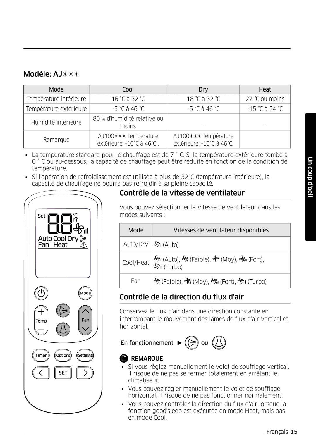 Samsung AR24MSPDBWKNEU manual Modèle AJ, Contrôle de la vitesse de ventilateur, Contrôle de la direction du flux dair 