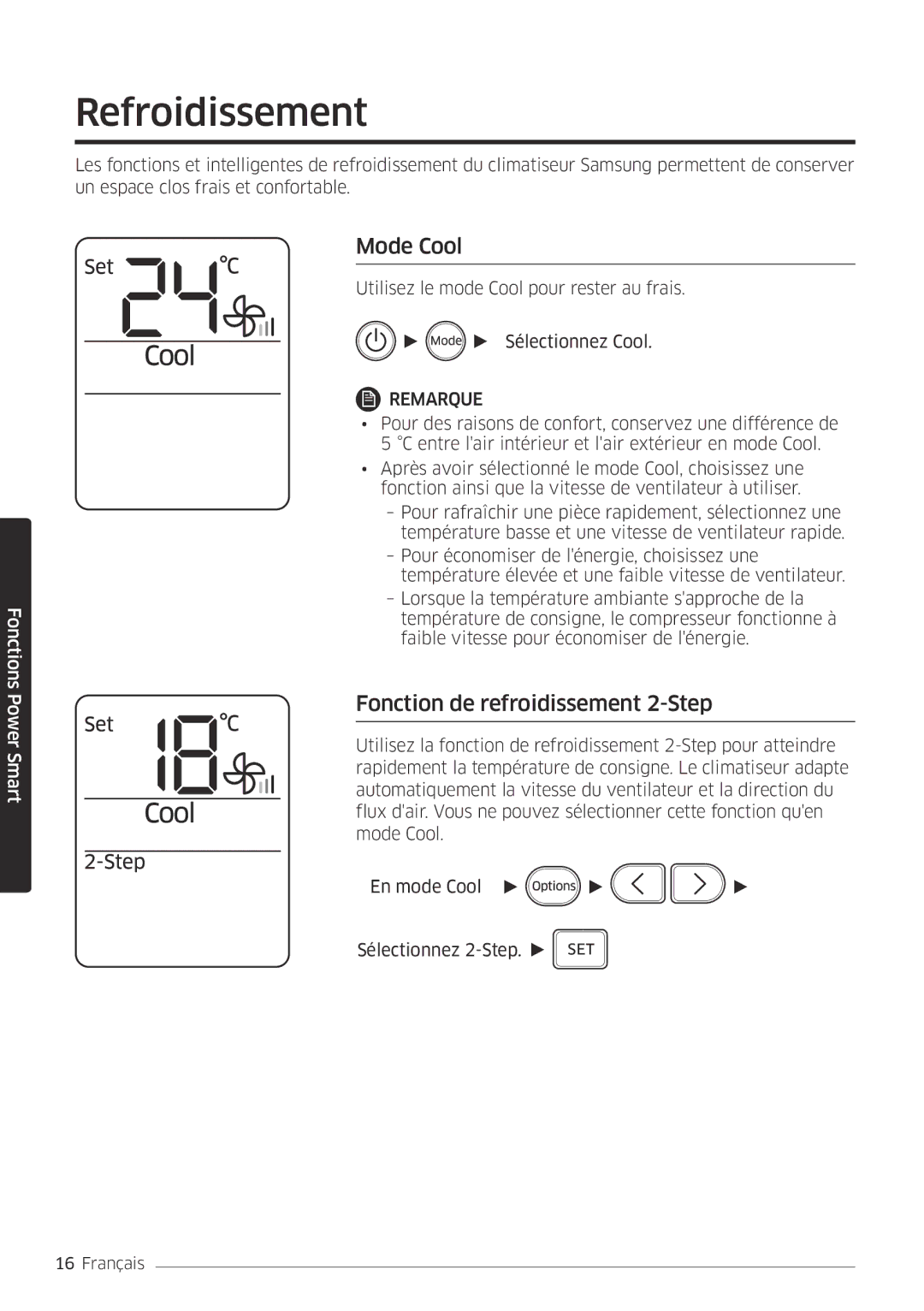 Samsung AR18MSPDBWKNEU, AR24MSPDBWKNEU manual Refroidissement, Mode Cool, Fonction de refroidissement 2-Step 