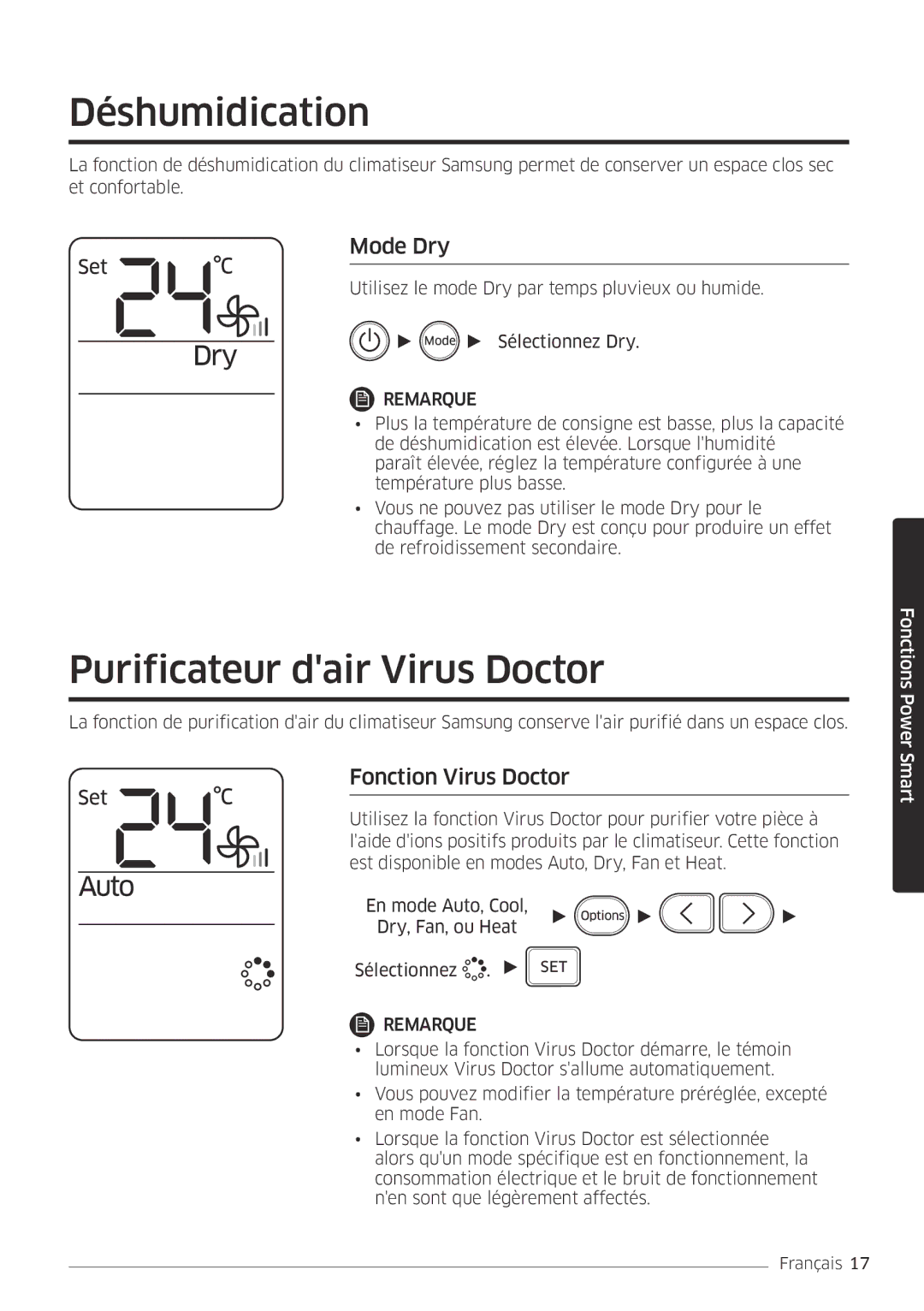 Samsung AR24MSPDBWKNEU, AR18MSPDBWKNEU Déshumidication, Purificateur dair Virus Doctor, Mode Dry, Fonction Virus Doctor 