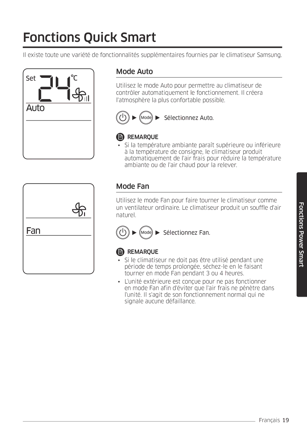 Samsung AR24MSPDBWKNEU, AR18MSPDBWKNEU manual Fonctions Quick Smart, Mode Auto, Mode Fan 