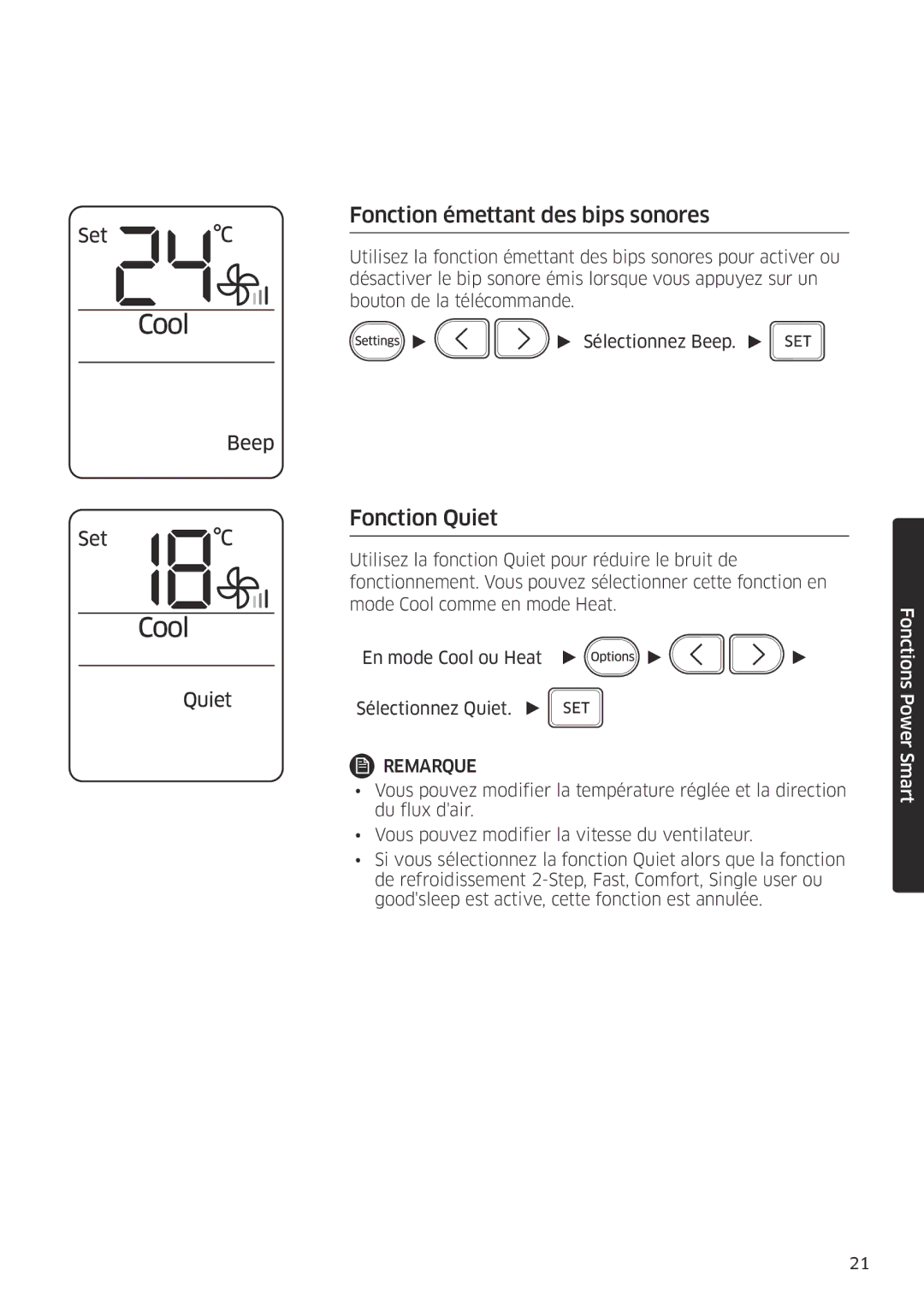 Samsung AR24MSPDBWKNEU, AR18MSPDBWKNEU manual Fonction émettant des bips sonores, Fonction Quiet 