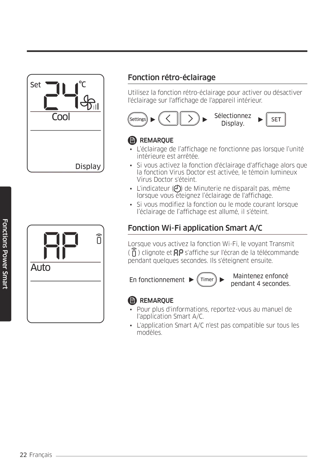 Samsung AR18MSPDBWKNEU, AR24MSPDBWKNEU manual Fonction rétro-éclairage, Fonction Wi-Fi application Smart A/C 