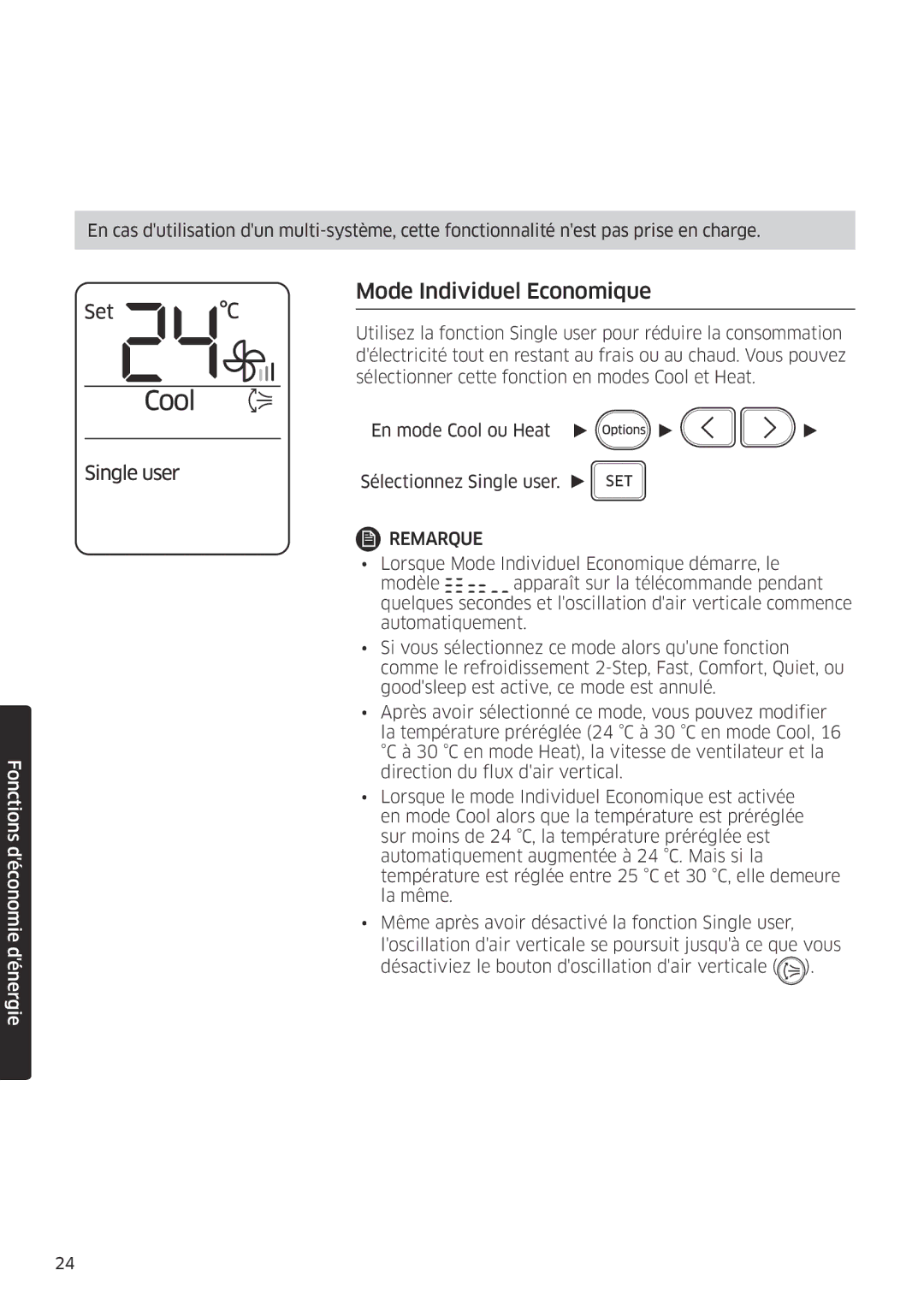 Samsung AR18MSPDBWKNEU, AR24MSPDBWKNEU manual Mode Individuel Economique 