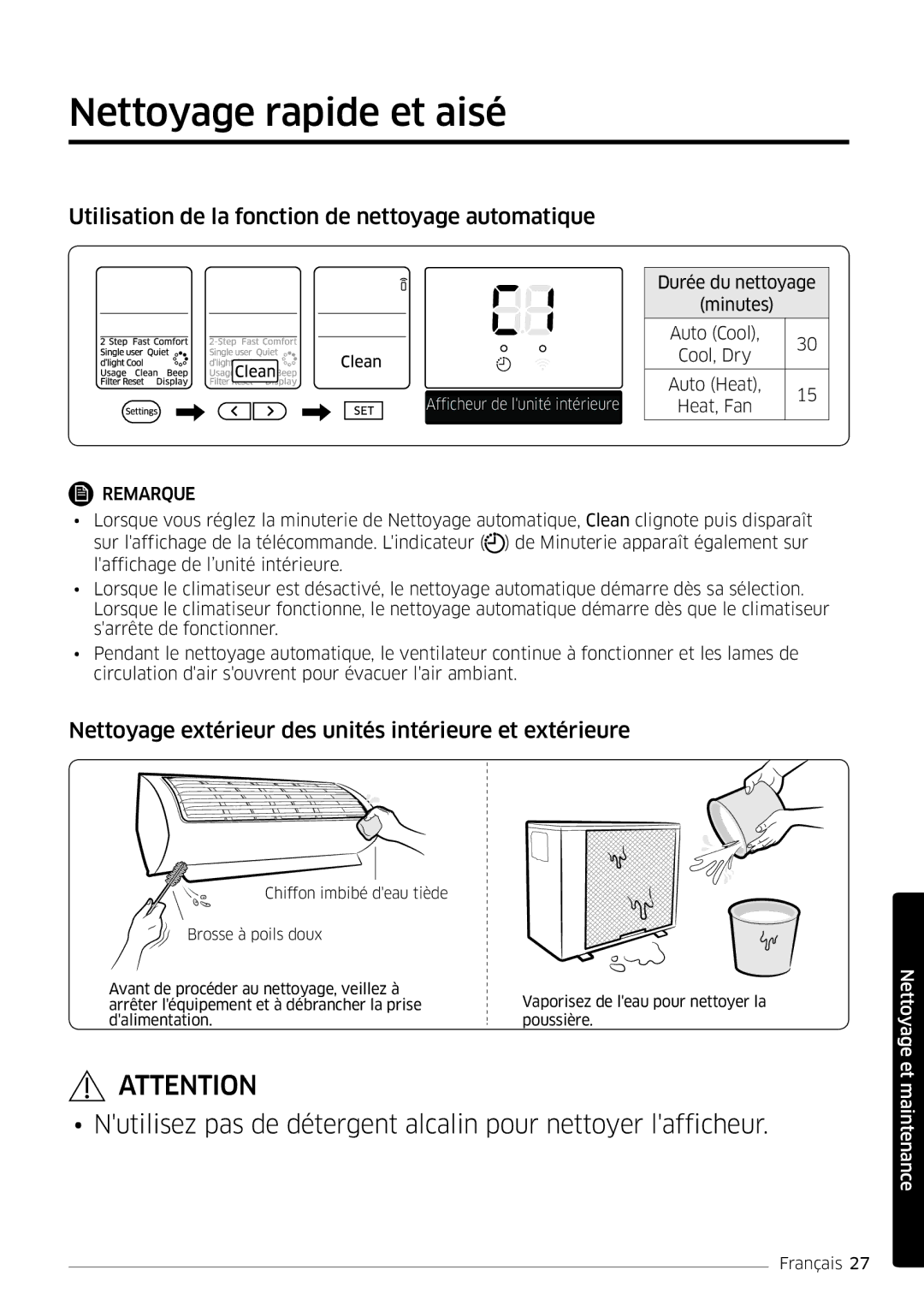 Samsung AR24MSPDBWKNEU, AR18MSPDBWKNEU manual Nettoyage rapide et aisé, Utilisation de la fonction de nettoyage automatique 