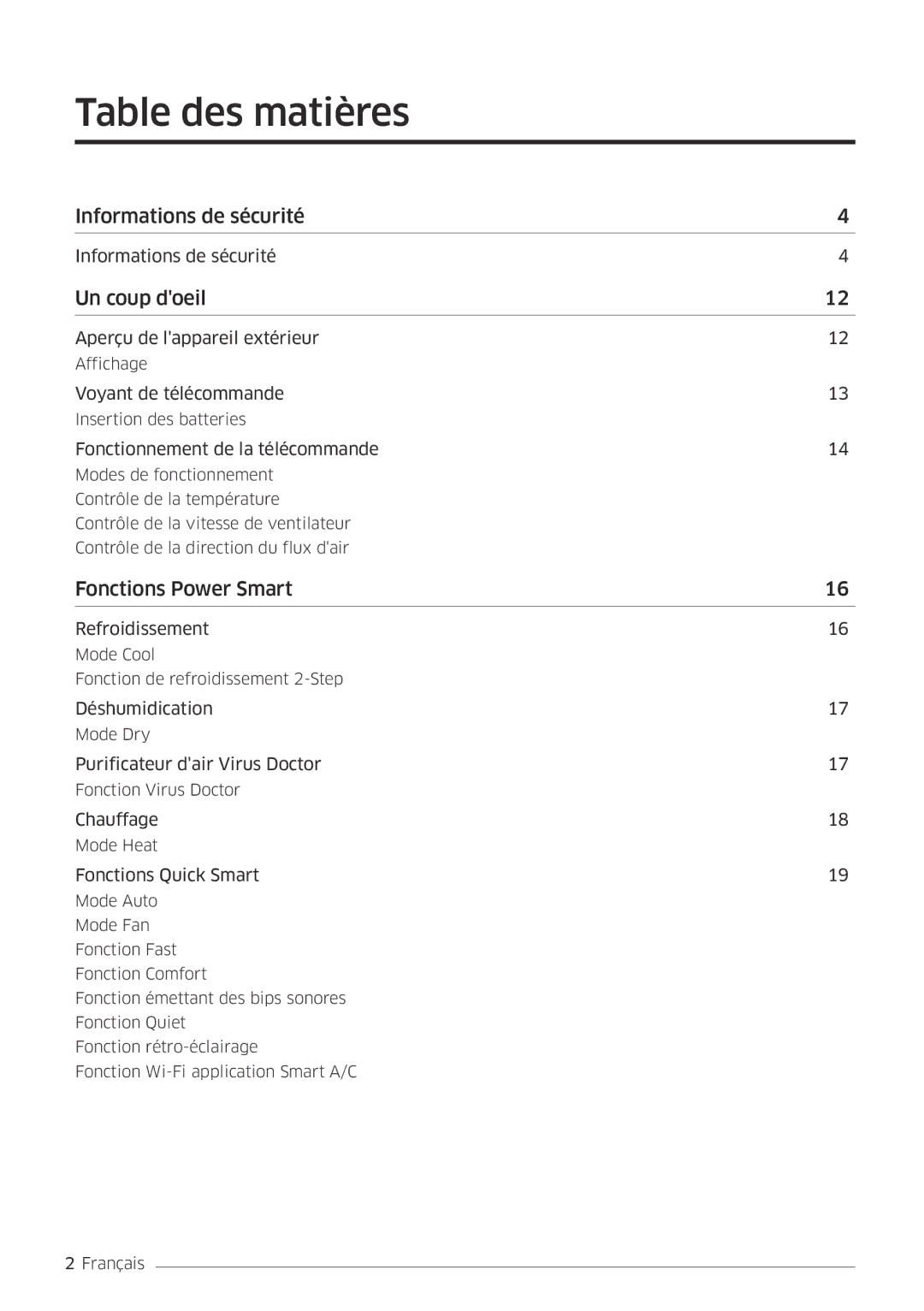 Samsung AR18MSPDBWKNEU, AR24MSPDBWKNEU manual Table des matières, Un coup doeil 