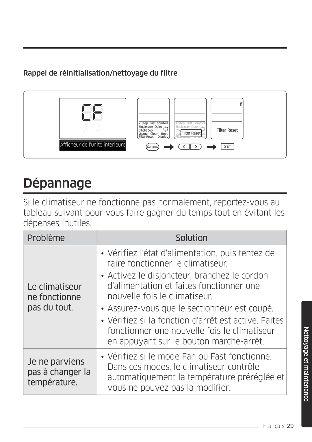 Samsung AR24MSPDBWKNEU, AR18MSPDBWKNEU manual Dépannage, Rappel de réinitialisation/nettoyage du filtre 