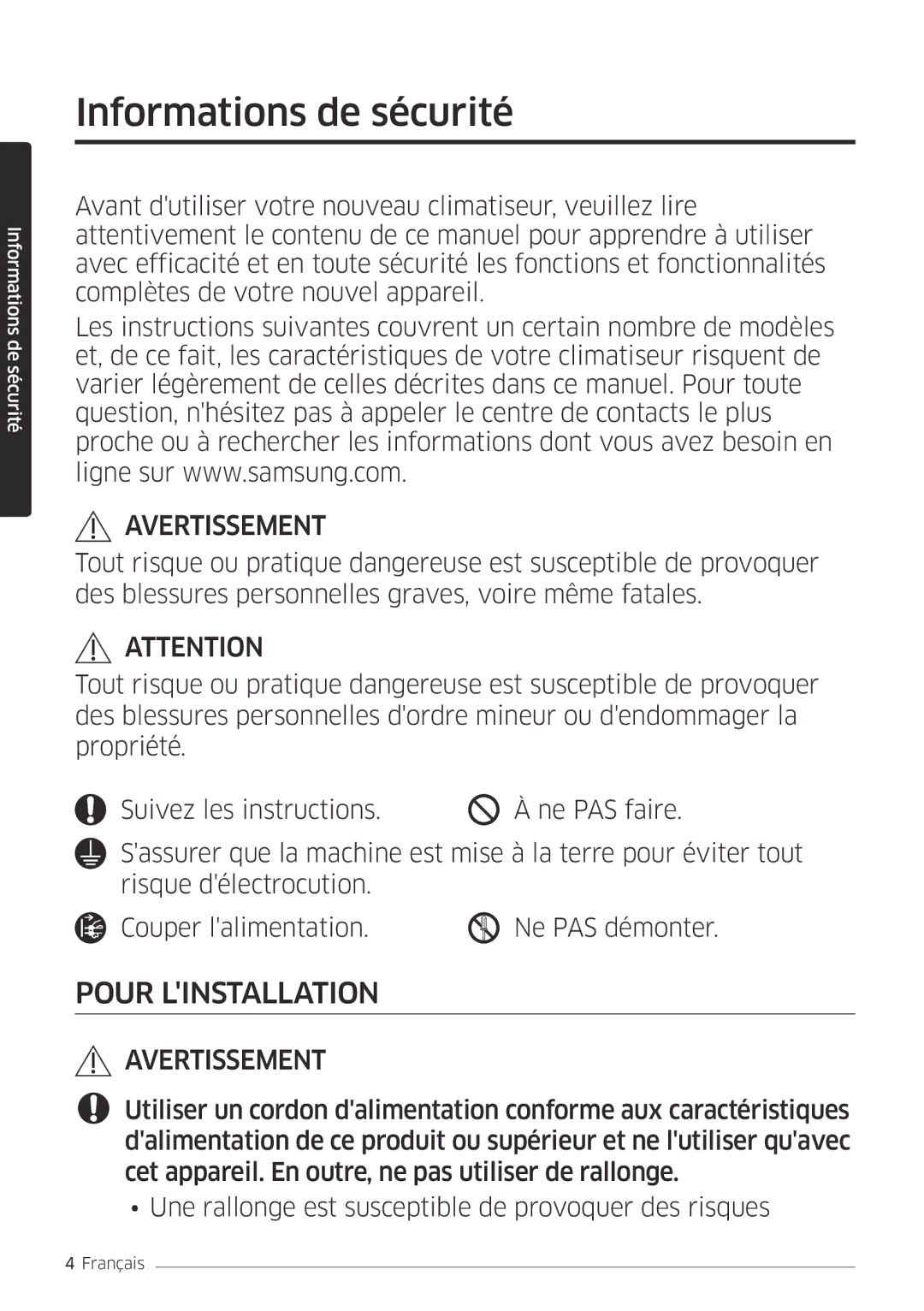 Samsung AR18MSPDBWKNEU, AR24MSPDBWKNEU manual Informations de sécurité, Avertissement 