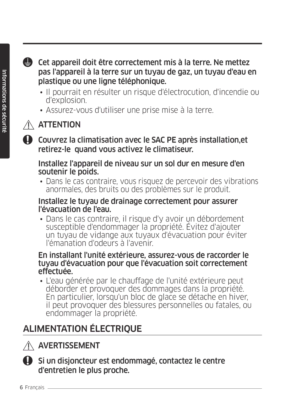 Samsung AR18MSPDBWKNEU, AR24MSPDBWKNEU manual Alimentation Électrique 