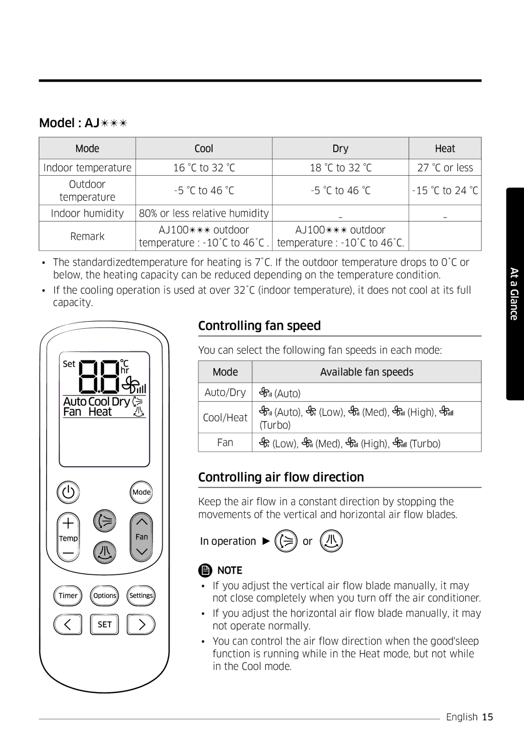 Samsung AR24MSPDBWKNEU, AR18MSPDBWKNEU manual Model AJ, Controlling fan speed, Controlling air flow direction 