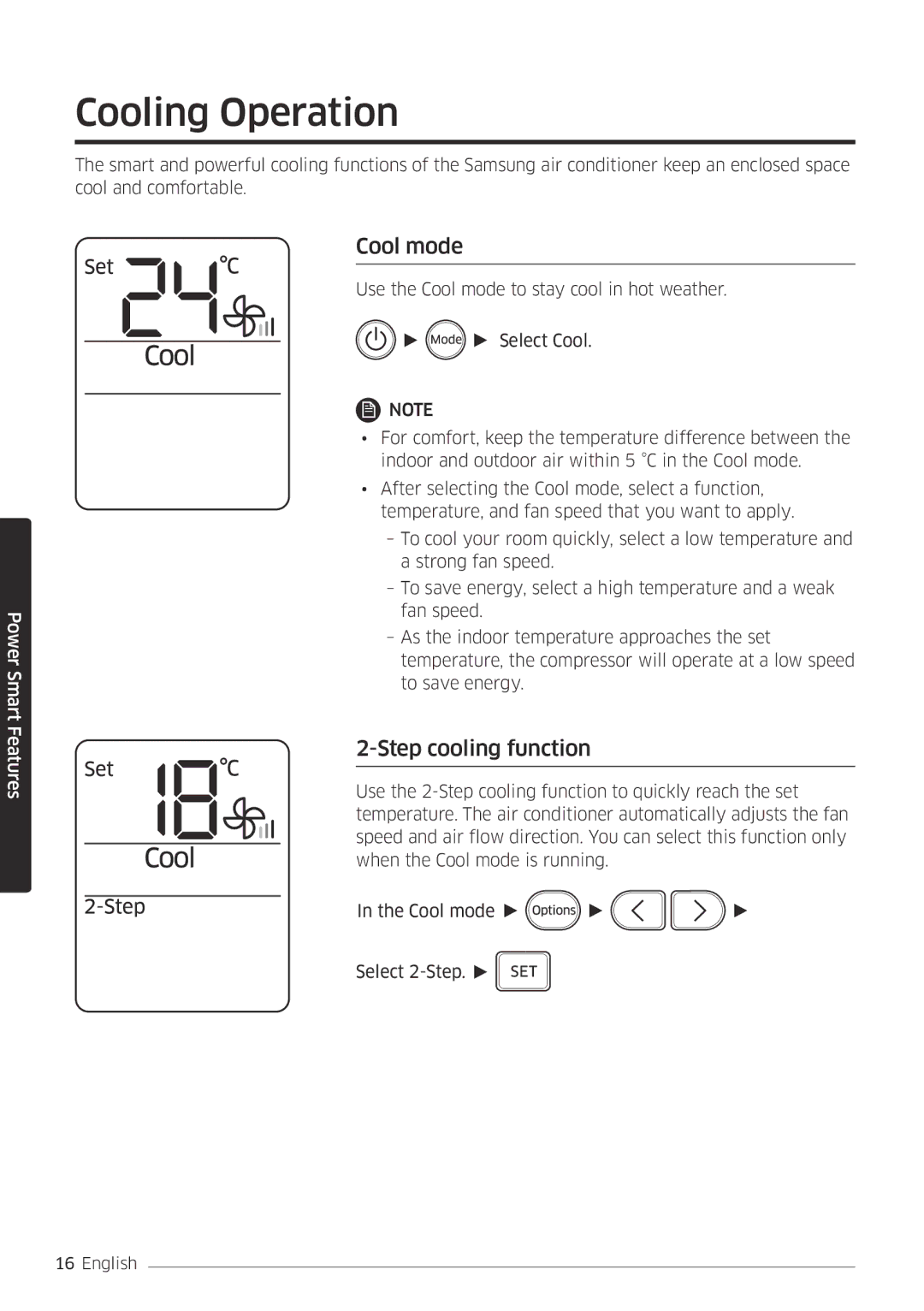 Samsung AR18MSPDBWKNEU, AR24MSPDBWKNEU manual Cooling Operation, Cool mode, Step cooling function 