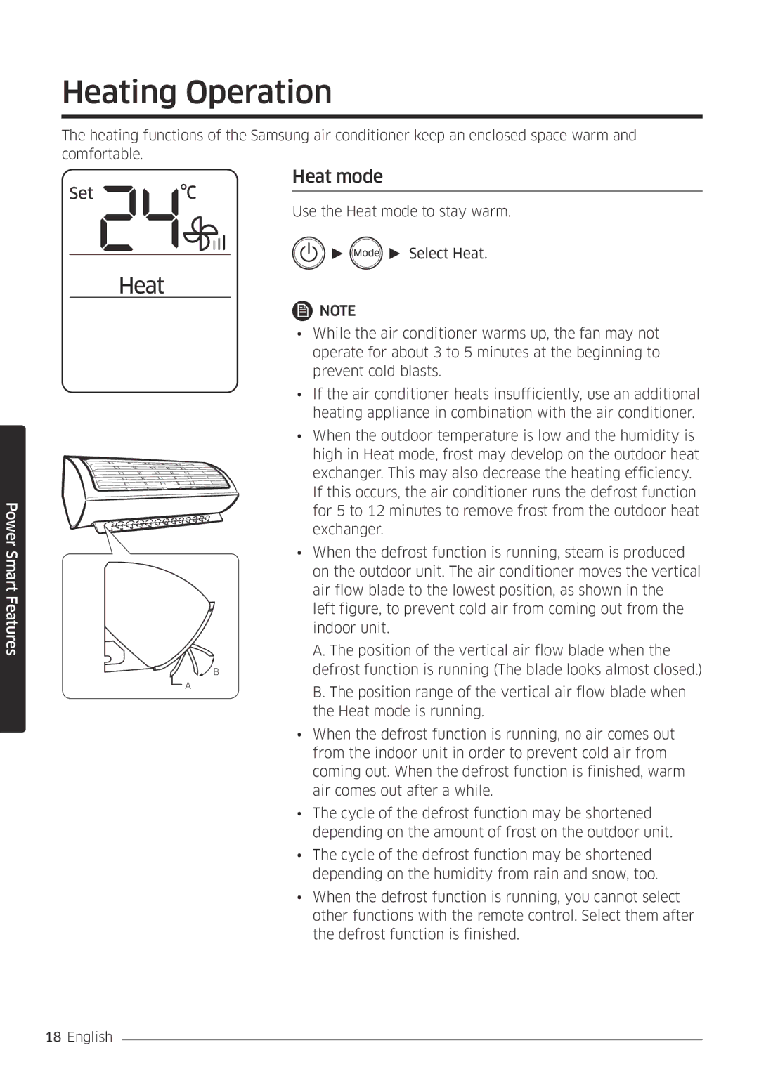 Samsung AR18MSPDBWKNEU, AR24MSPDBWKNEU manual Heating Operation, Heat mode 