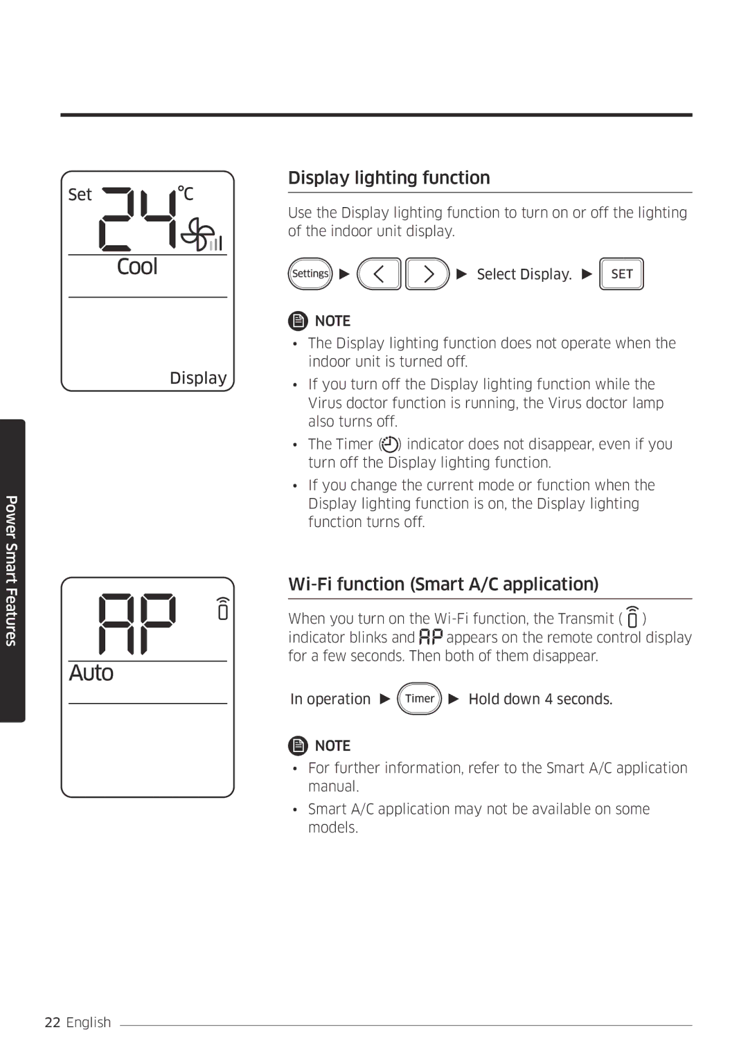 Samsung AR18MSPDBWKNEU, AR24MSPDBWKNEU manual Display lighting function, Wi-Fi function Smart A/C application 