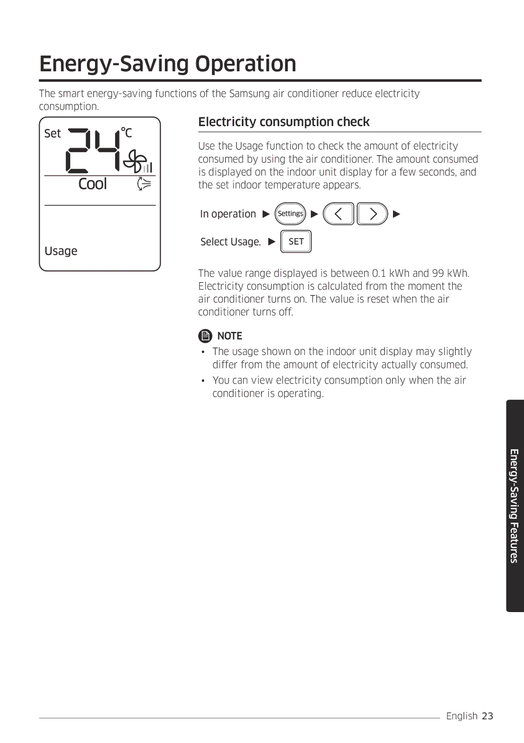Samsung AR24MSPDBWKNEU, AR18MSPDBWKNEU manual Energy-Saving Operation, Electricity consumption check 