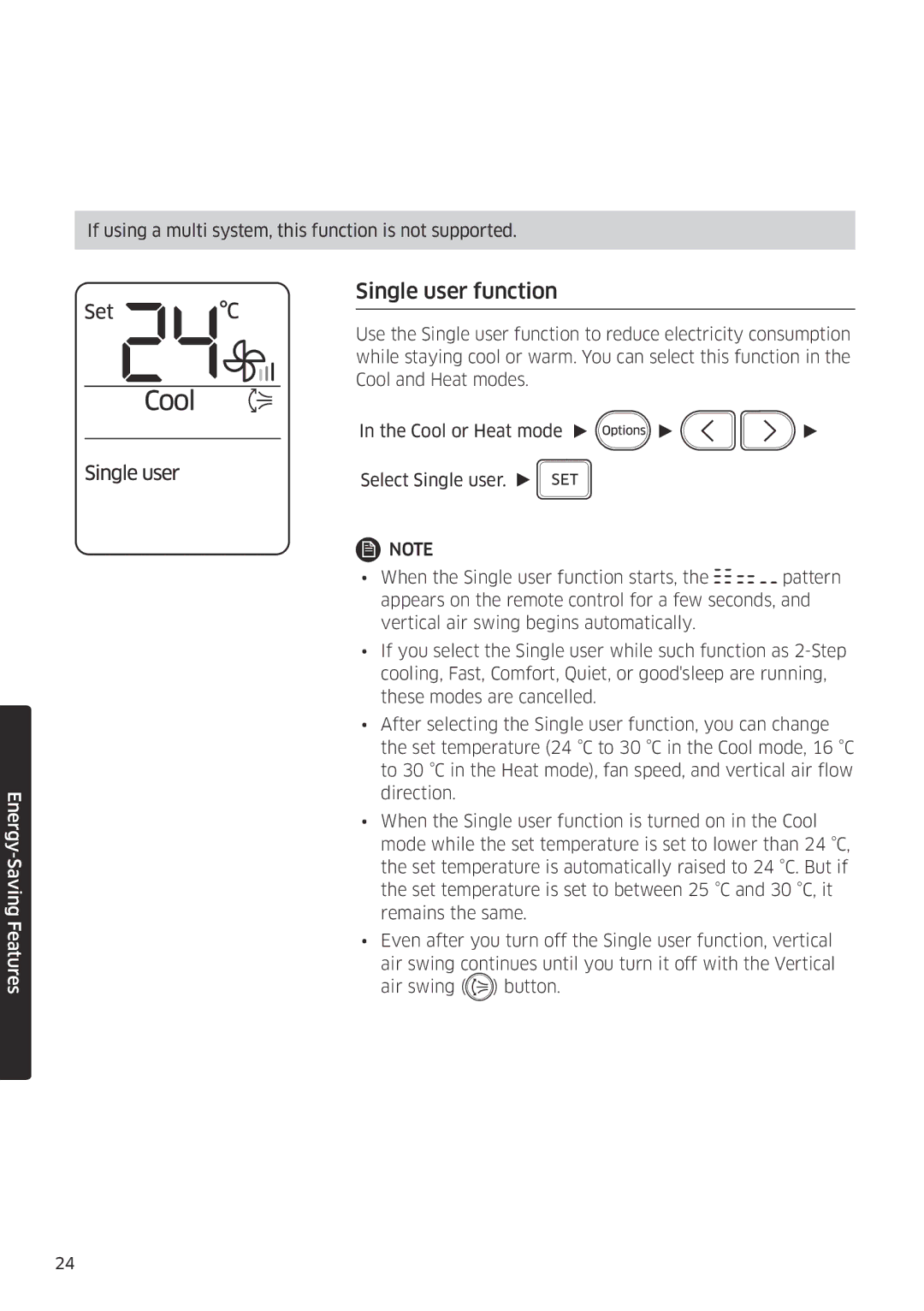 Samsung AR18MSPDBWKNEU, AR24MSPDBWKNEU manual Single user function 