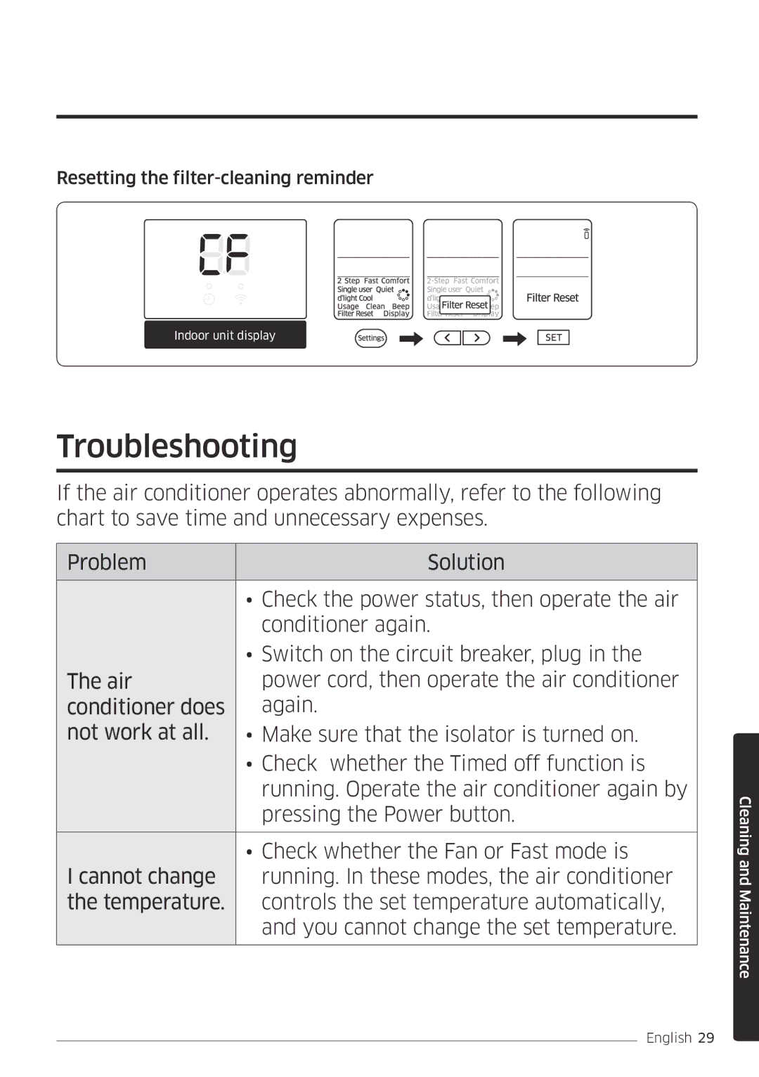 Samsung AR24MSPDBWKNEU, AR18MSPDBWKNEU manual Troubleshooting, Resetting the filter-cleaning reminder 