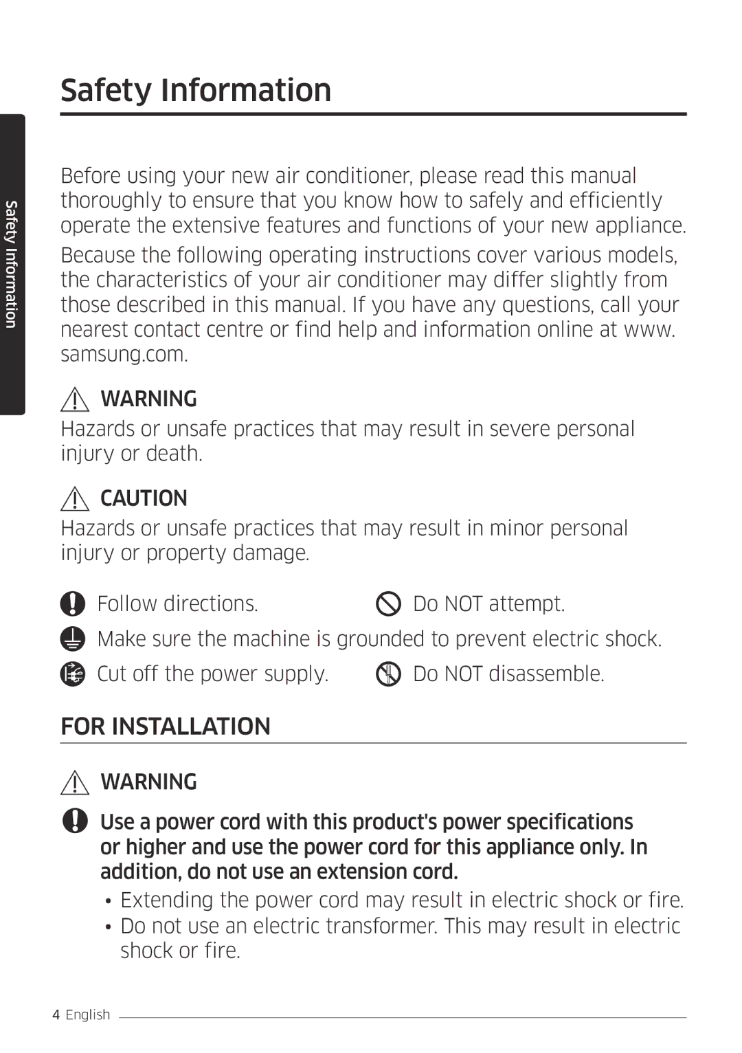 Samsung AR18MSPDBWKNEU, AR24MSPDBWKNEU manual Safety Information, For Installation 